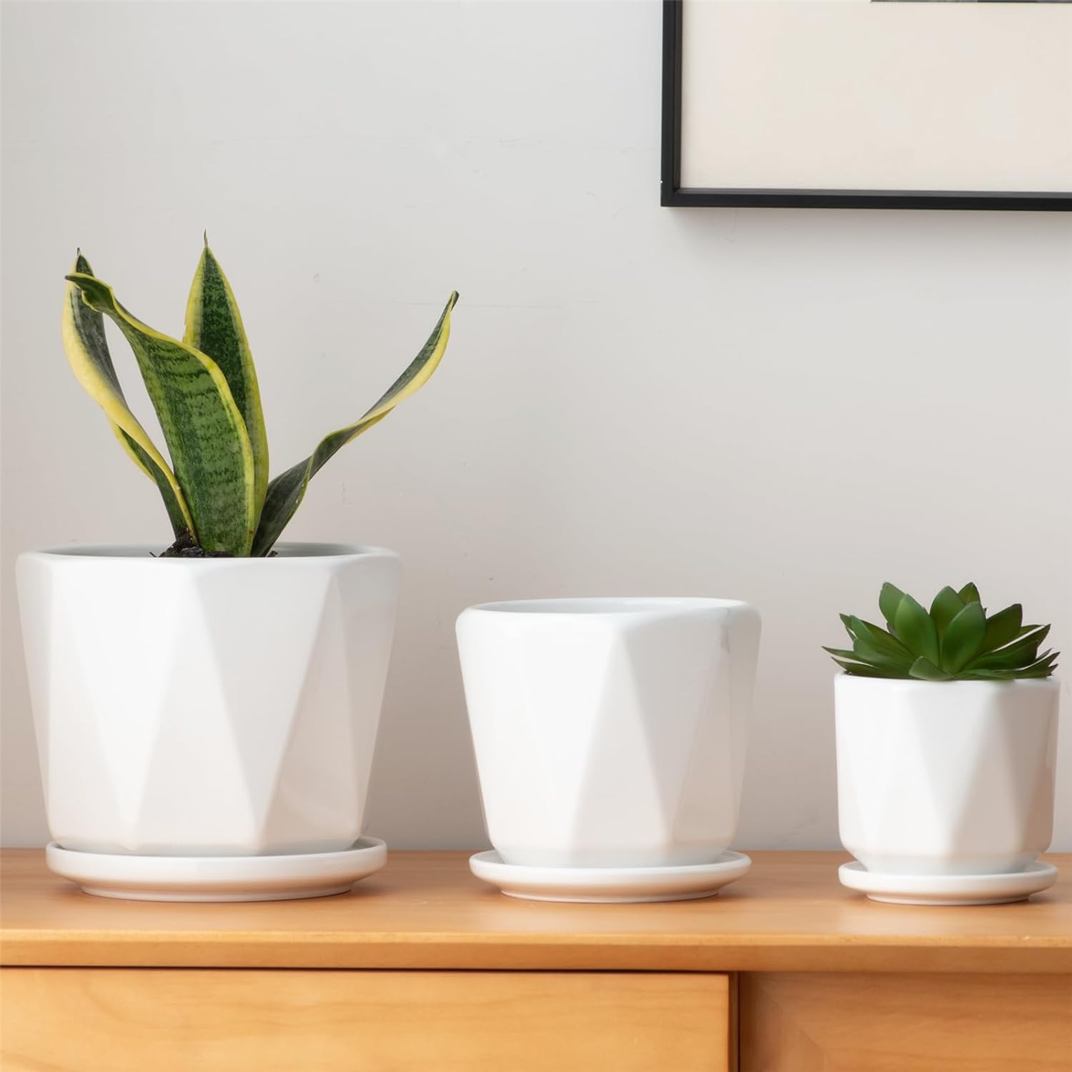 Octagon Ceramic Plant Pots - Indoor White Flower Planter Set with Drainage Holes, 6.5/5.5/4.5 Inch, Modern Decorative Planter Outdoor for Succulents Snakes and Herb