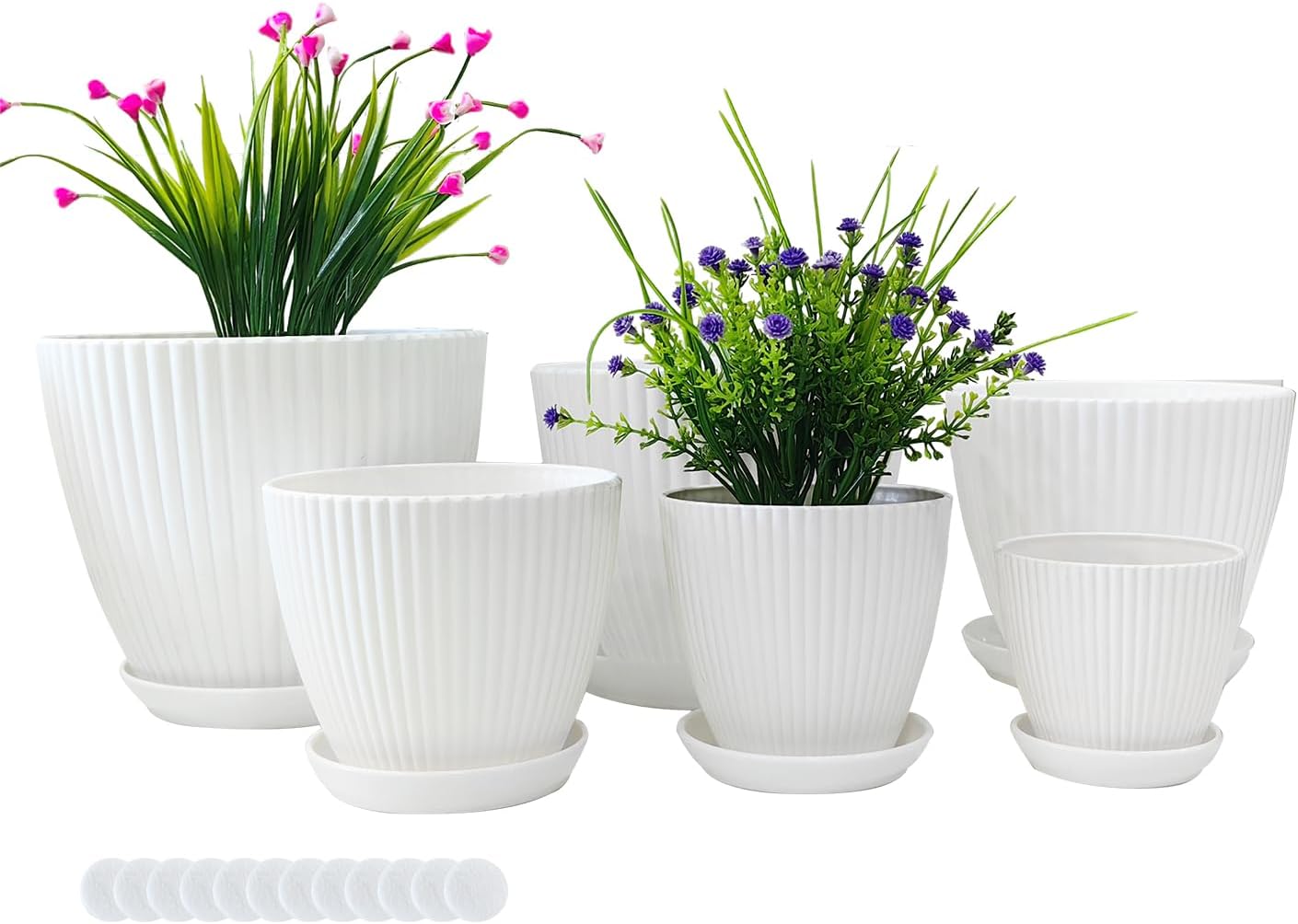 7.5/6.5/5.5/4.9/4.2/3.5 inches Plant Planters 6 Pack, Thick Sturdy Plastic Pots, Indoor/Outdoor Plant Flower Pots with Drainage Holes and Saucers (6 Sizes, White)
