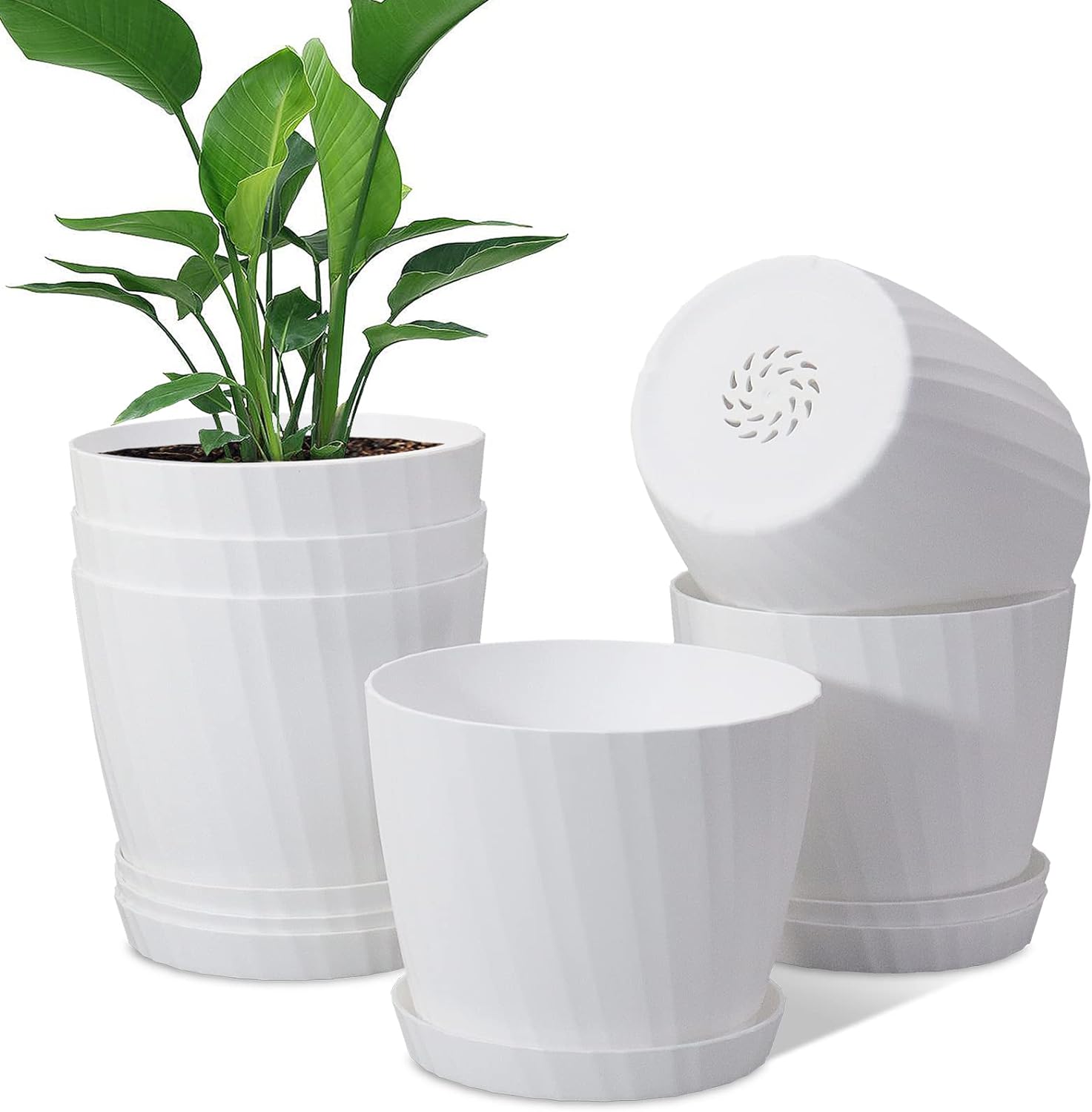 6'' Plant Pots Bulk, 6 Pack Plastic Planters with Drainage Holes and Saucers for Indoor Outdoor House Plants and Flowers, White