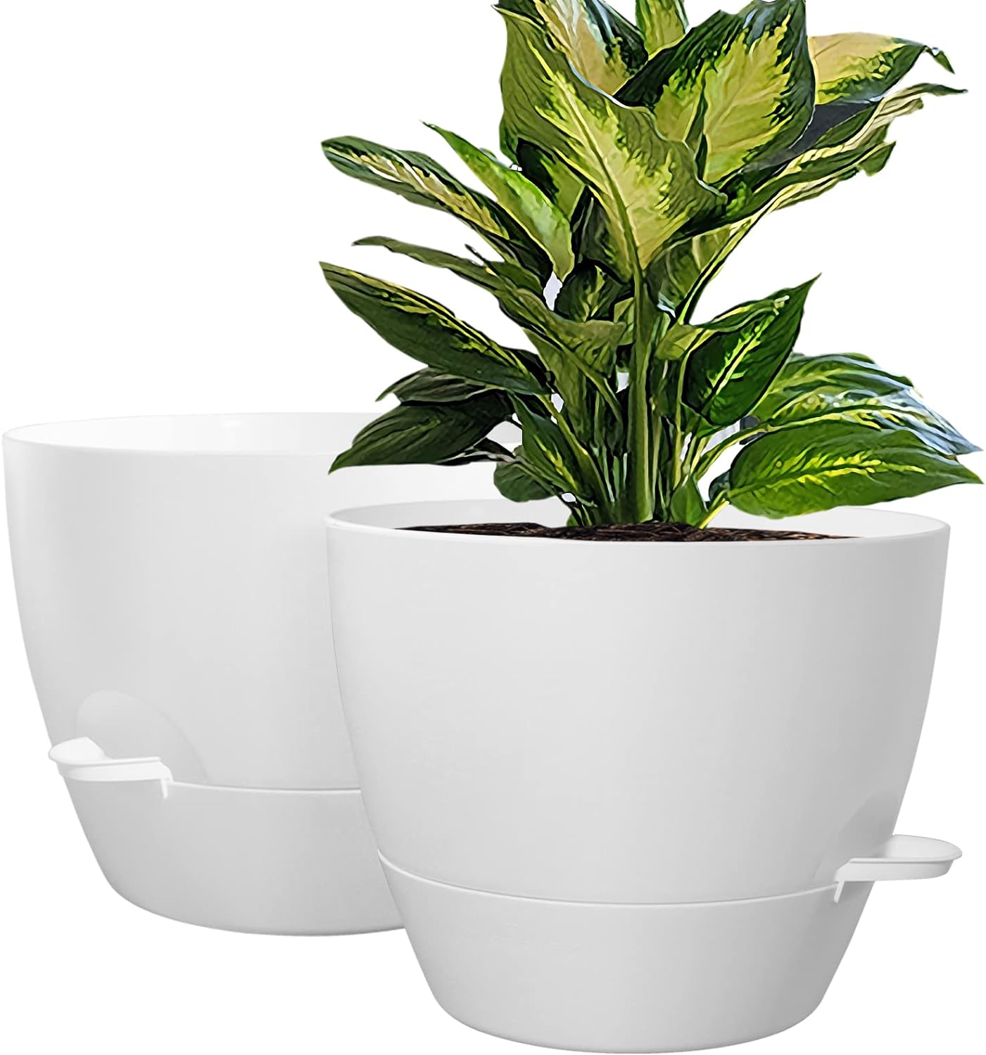 10 inch Self Watering Planters, 2 Pack Large Plastic Plant Pots with Deep Reservior and High Drainage Holes for Indoor Outdoor Plants and Flowers, White