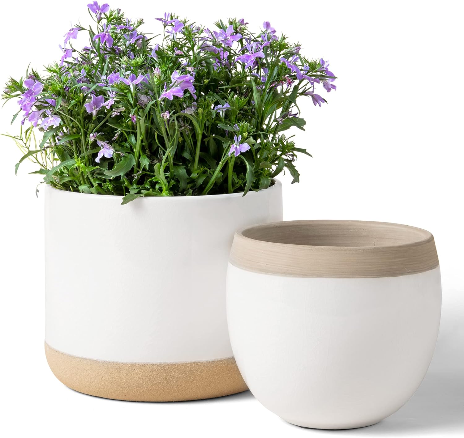 LA JOLIE MUSE White Ceramic Flower Plant Pots - 6.5 + 4.9 Inch Indoor Planters, Plant Containers with Beige and Cracked Detailing