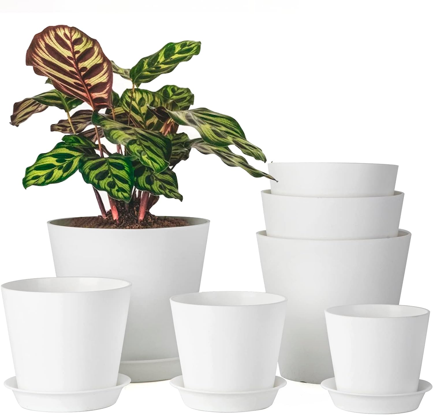 LaDoVita 7 Pack Plastic Plant Pots Indoor, 7/6.5/6/5.5/5/4.5/4 Inch Modern Planters for Plants, Flower Pots with Drainage Holes and Trays, White