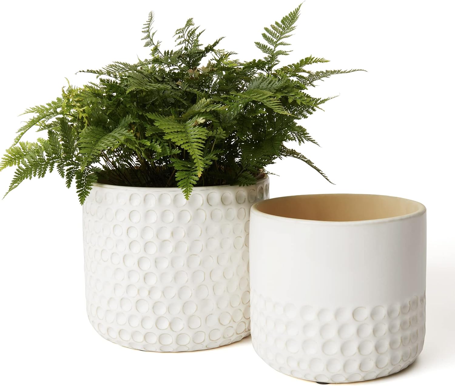 La Jolie Muse Ceramic Planter Flower Plant Pots- 6.7+5.5 Inch Concave Dot Patterned Cylinder Flower Pot W/ Drain Hole for Indoor, Set of 2, Ivory