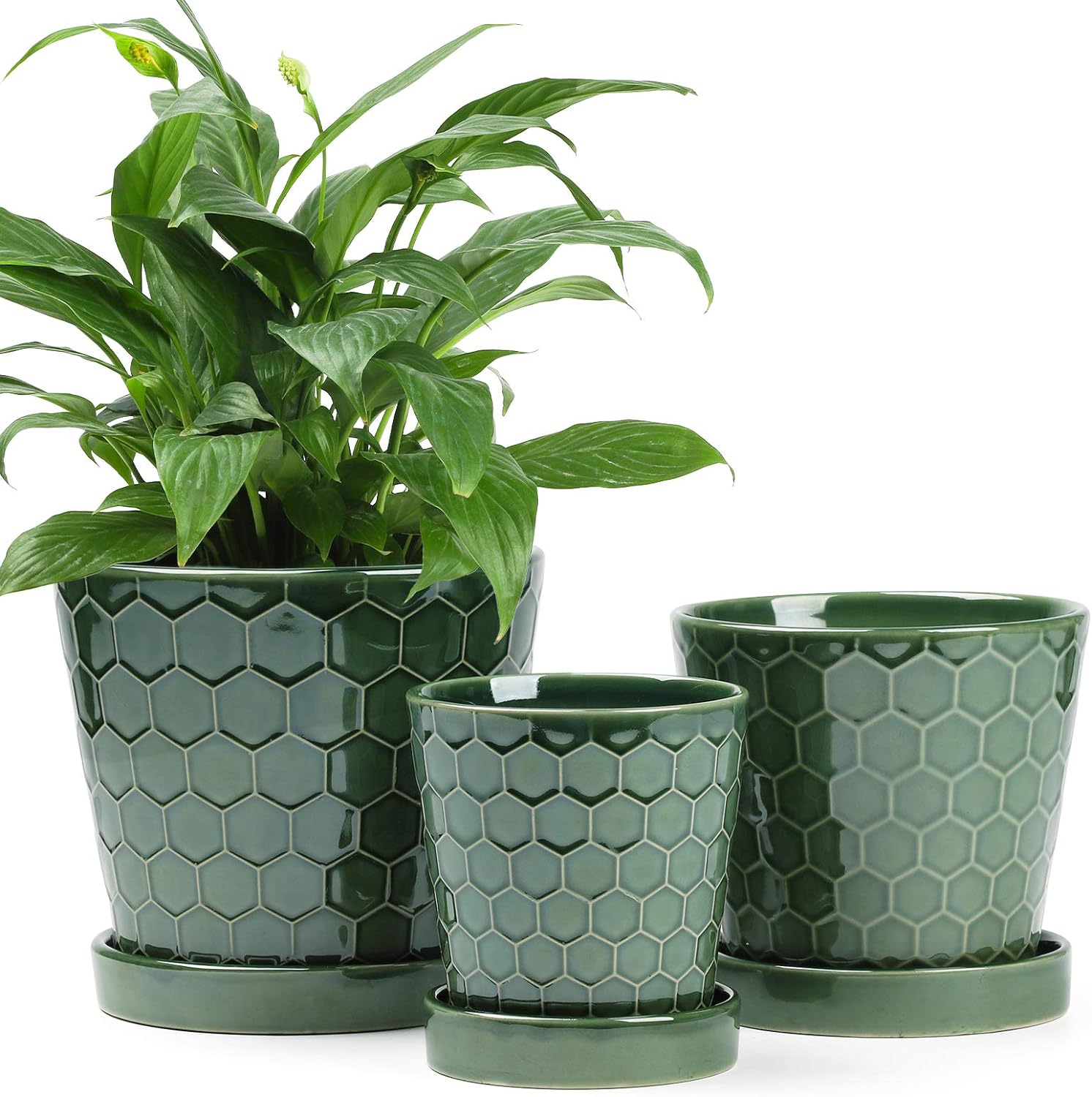 Ceramic Plant Pot  4 5 6 inch Ceramic Flower Pot with Drainage Holes and Ceramic Tray - Gardening Home Desktop Office Windowsill Decoration Gift Set 3 - Plants NOT Included (Patina)