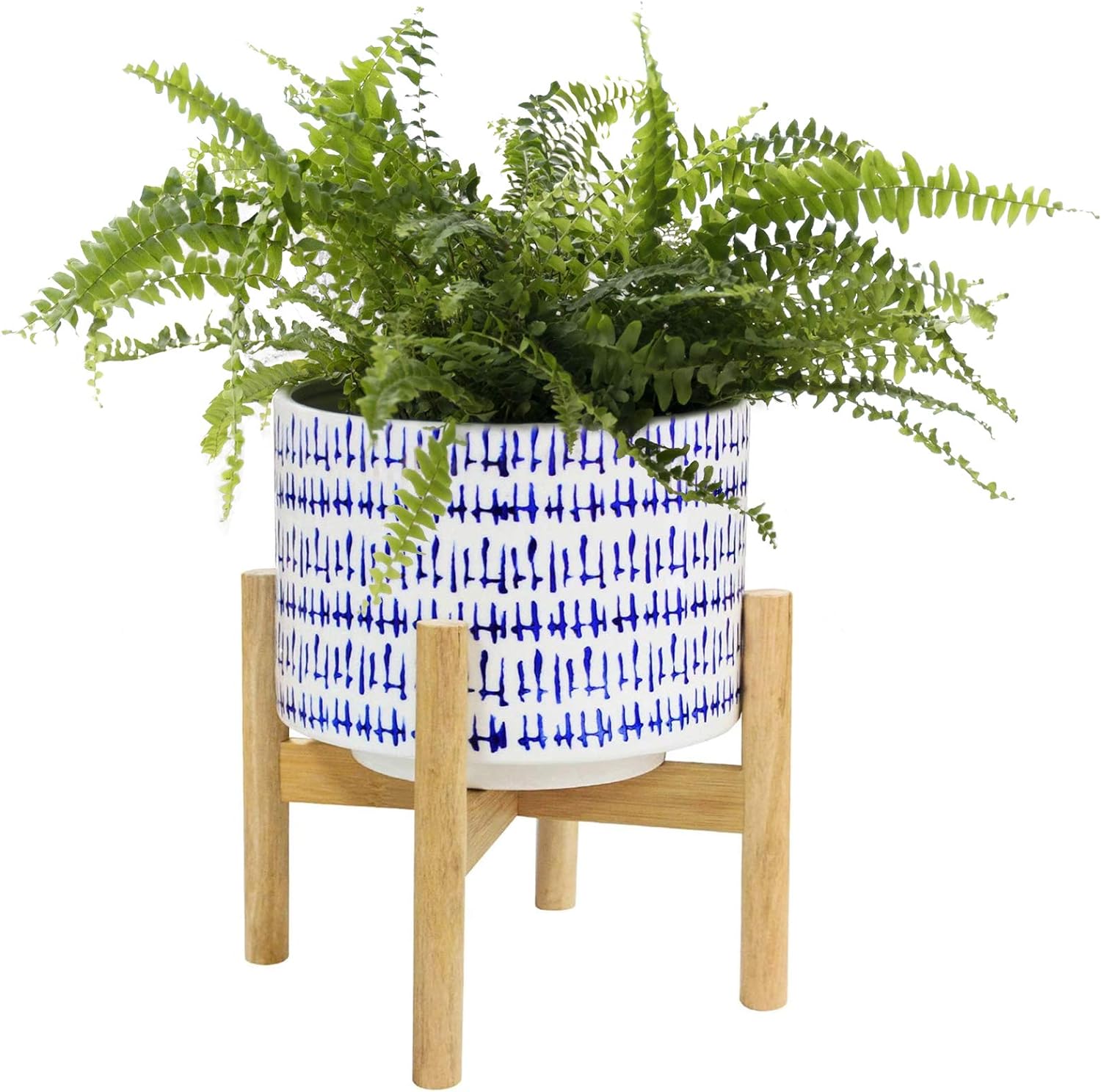 LA JOLIE MUSE Blue Planter with Stand - 7.3 Inch Retro Round Decorative Flower Pot Indoor with Wood Planter Holder, Blue and White, Home Decor Gift