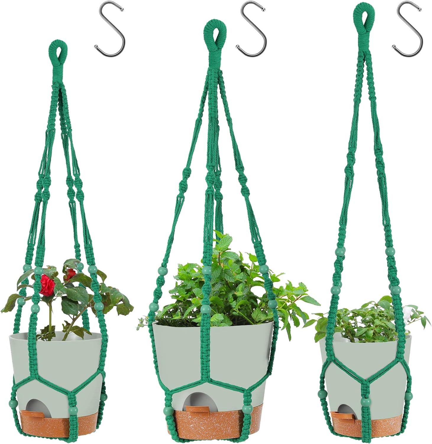 GARDIFE Hanging Planters for Indoor Plants,3Pcs Hanging Basket for Indoor Outdoor Boho Home Decor,Macrame Plant Hanger,35 Inches,4mm, Ivory,Self Watering Planters, 9/8/7.5 Inch,Green&Green