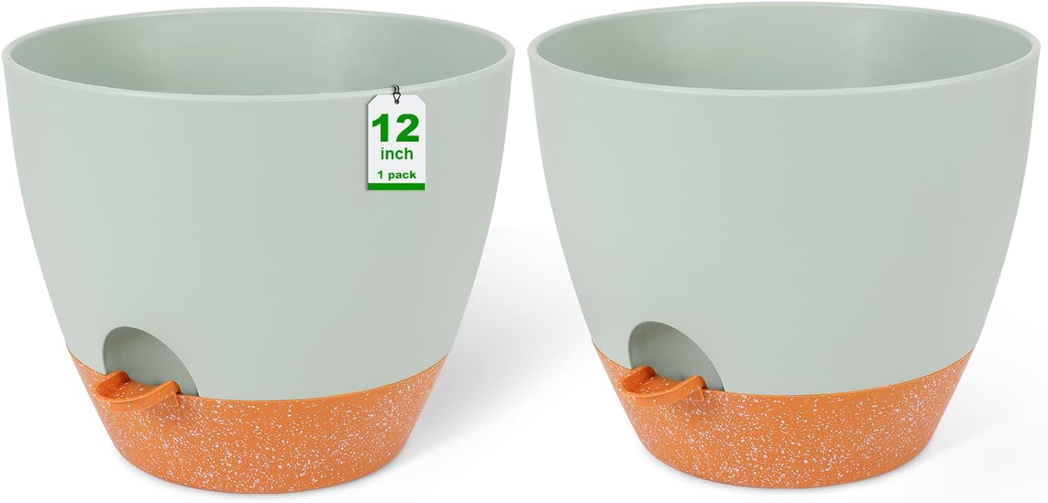 GARDIFE 12 inch planters, Plant Pots,Self Watering Pots, 2 Pack Large Plastic Flower pots with Deep Reservior and High Drainage Holes for Indoor Outdoor Plants and Flowers, Green