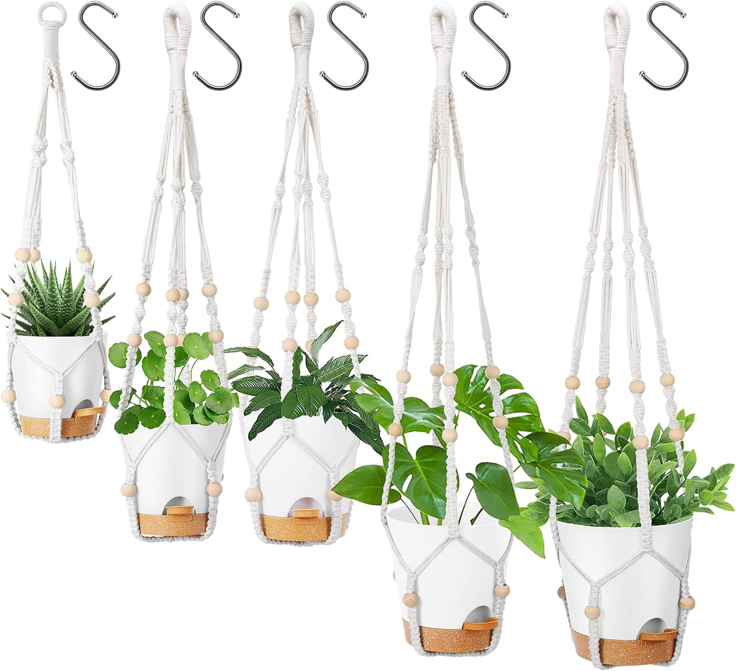 GARDIFE Hanging Planters for Indoor Plants,5Pcs Hanging Basket for Indoor Boho Home Decor,Macrame Plant Hanger,35 Inches,29Inch,23Inch, Ivory,Self Watering Planters, 7/6.5/6/5.5/5 Inch,White&White