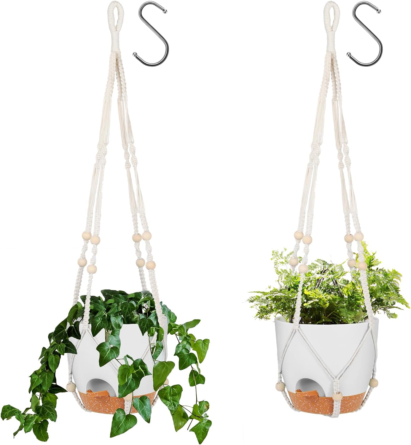 GARDIFE 8 Inch Hanging Planters with Macrame Plant Hanger for Indoor and Outdoor Plants, 2 Pack Large Self Watering Hanging Plant Pot with Basket Flower Pot with Drainage Hole, White