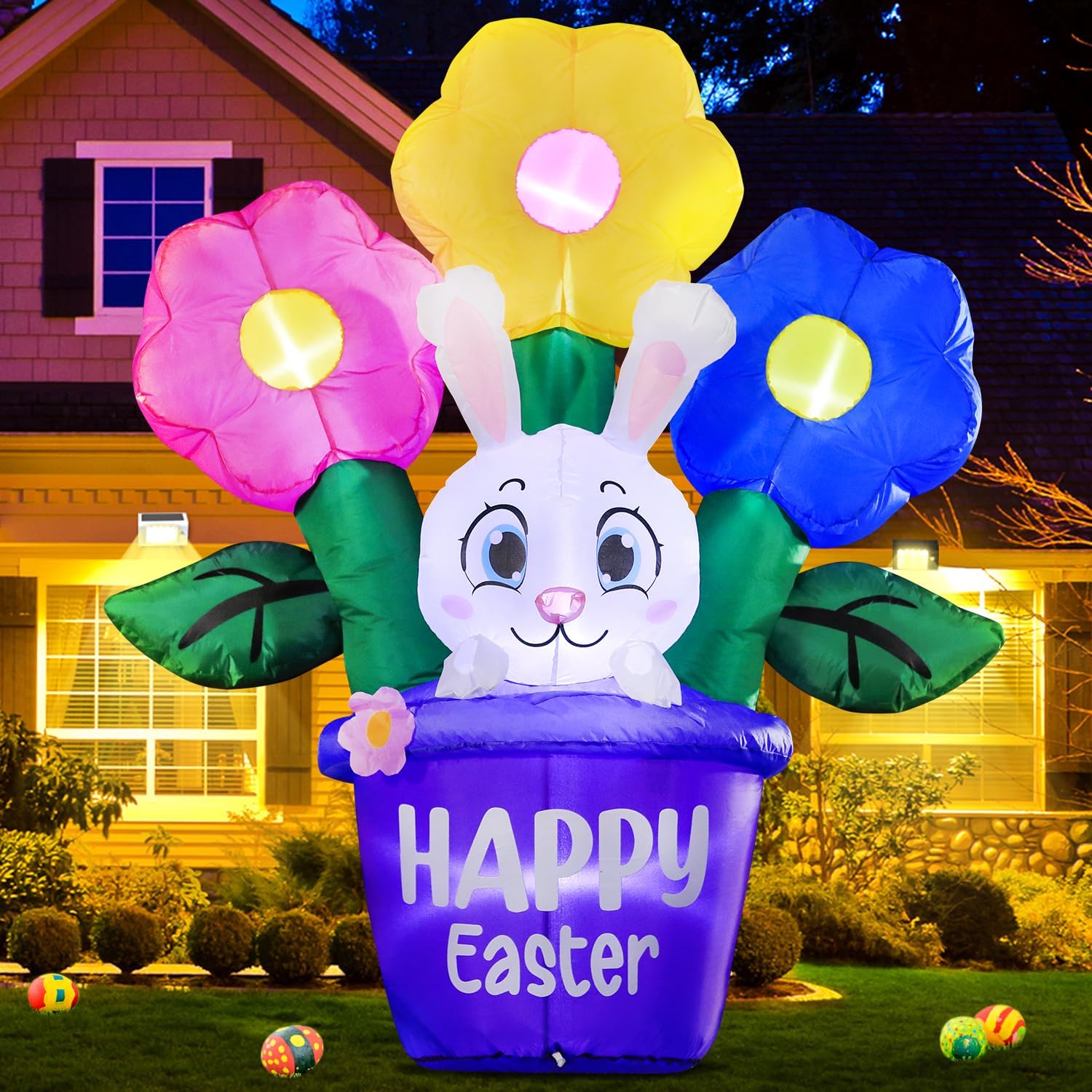 2024 New 5FT Easter Inflatable Bunny Outdoor Decorations with Flower Basket, Build-in LED Lights Holiday Blow Up Yard Decoration, for Easter Holiday Party, Outdoor,Garden, Yard Lawn Dcor