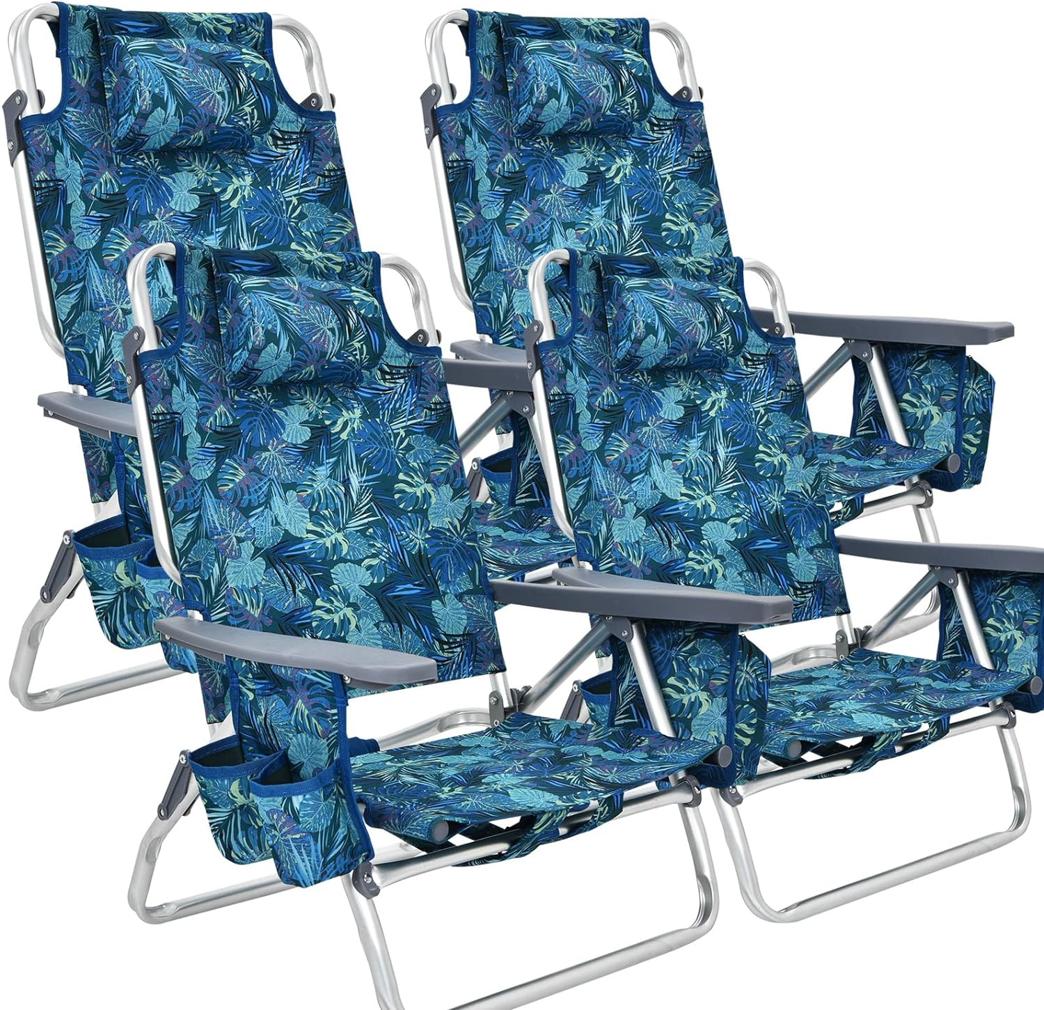 GYMAX Beach Chairs, 4-Pack Backpack Camping Chair w/Armrest, Cooler Bag, Cup Holder, Towel Bar & Pockets, Sunbath Sling Tanning Lounge, Folding Layout Chairs (Blue Leaves, Without Table)