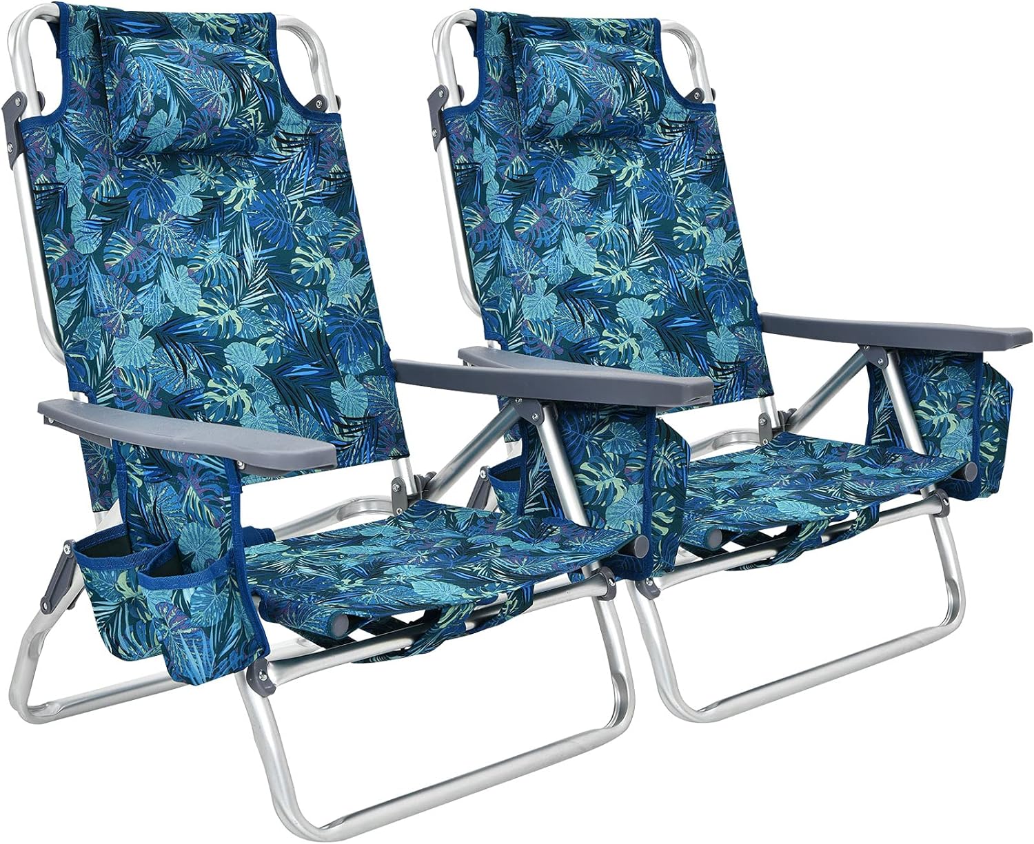 GYMAX Beach Chairs, 2-Pack Backpack Camping Chair w/Armrest, Cooler Bag, Cup Holder, Towel Bar & Pockets, Sunbath Sling Tanning Lounge, Folding Layout Chairs (Blue Leaves, Without Table)