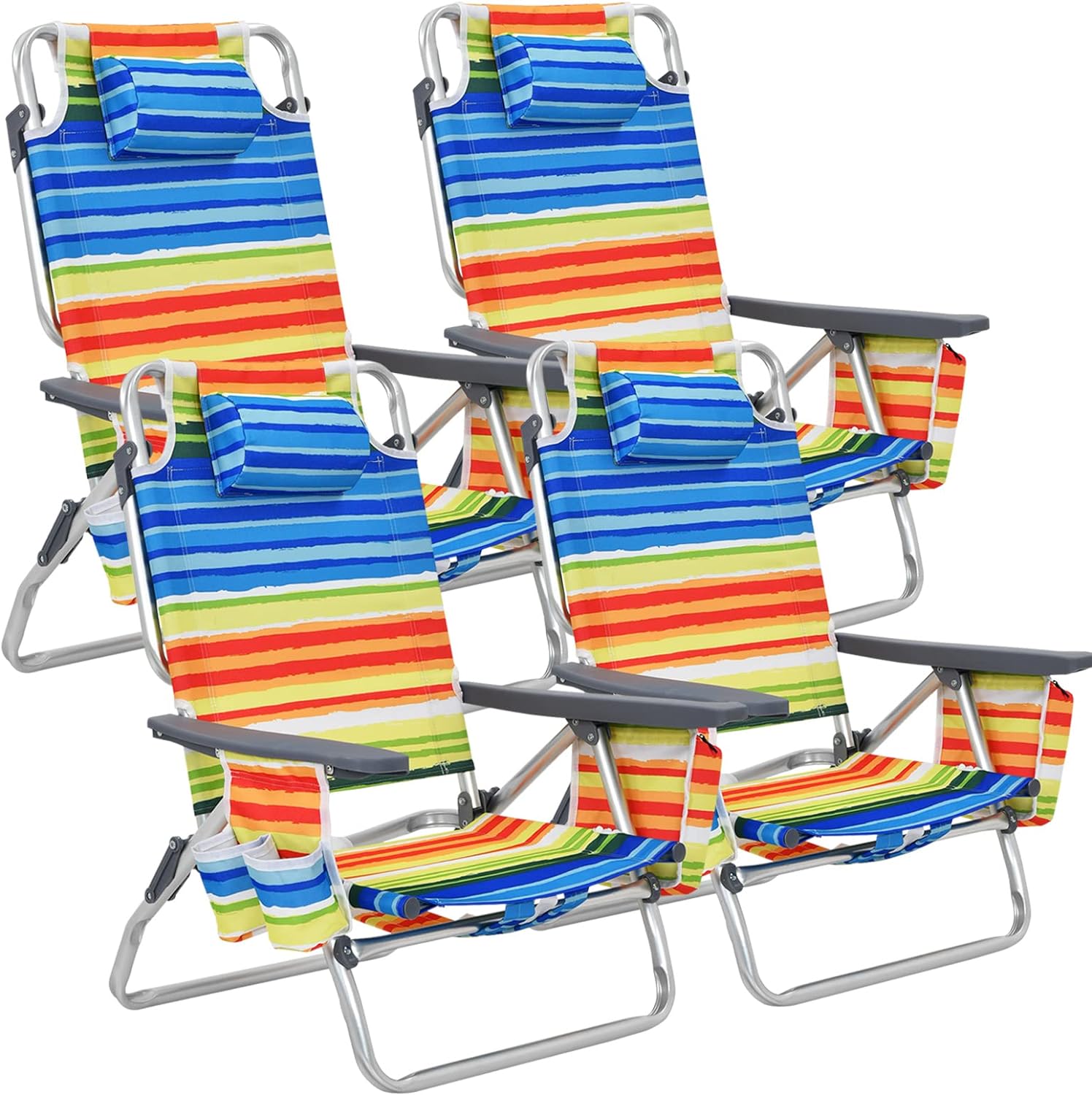 GYMAX Beach Chairs, 4-Pack Backpack Camping Chair w/Armrest, Cooler Bag, Cup Holder, Towel Bar & Pockets, Sunbath Sling Tanning Lounge, Folding Layout Chairs (Yellow Stripe, Without Table)