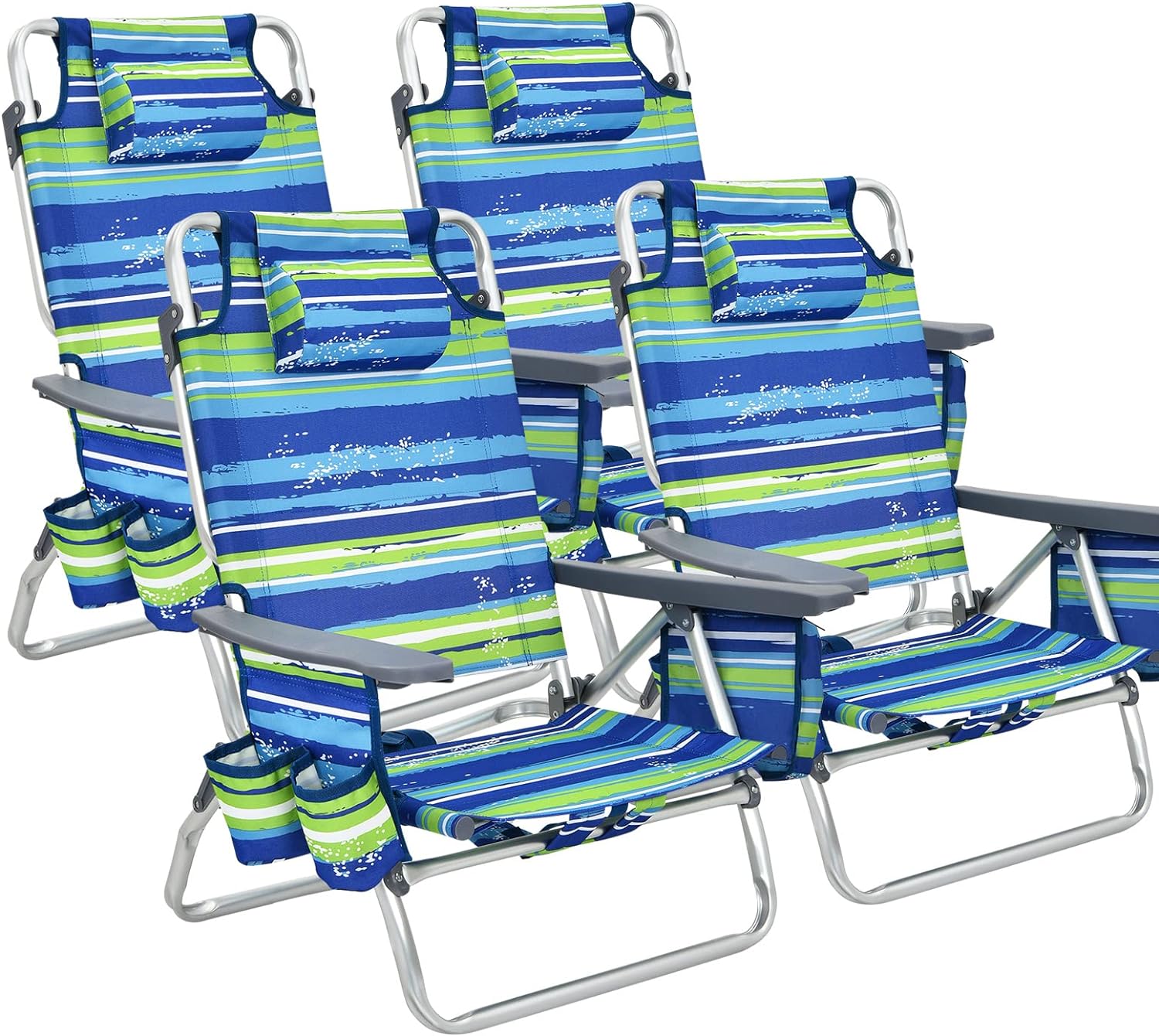 GYMAX Beach Chairs, 4-Pack Backpack Camping Chair w/Armrest, Cooler Bag, Cup Holder, Towel Bar & Pockets, Sunbath Sling Tanning Lounge, Folding Layout Chairs (Blue Strip, Without Table)