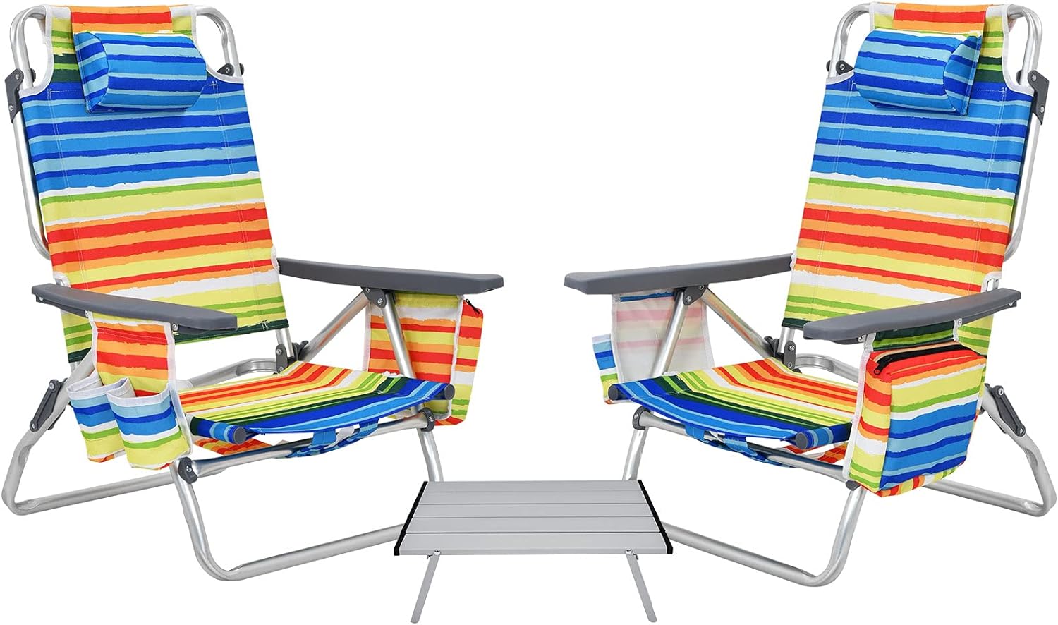 GYMAX Beach Chairs, 2-Pack Backpack Camping Chair with Armrest, Cooler Bag, Cup Holder, Towel Bar & Side Pockets, Sunbath Sling Tanning Lounge, Folding Layout Chairs (Yellow Strip, with Table)