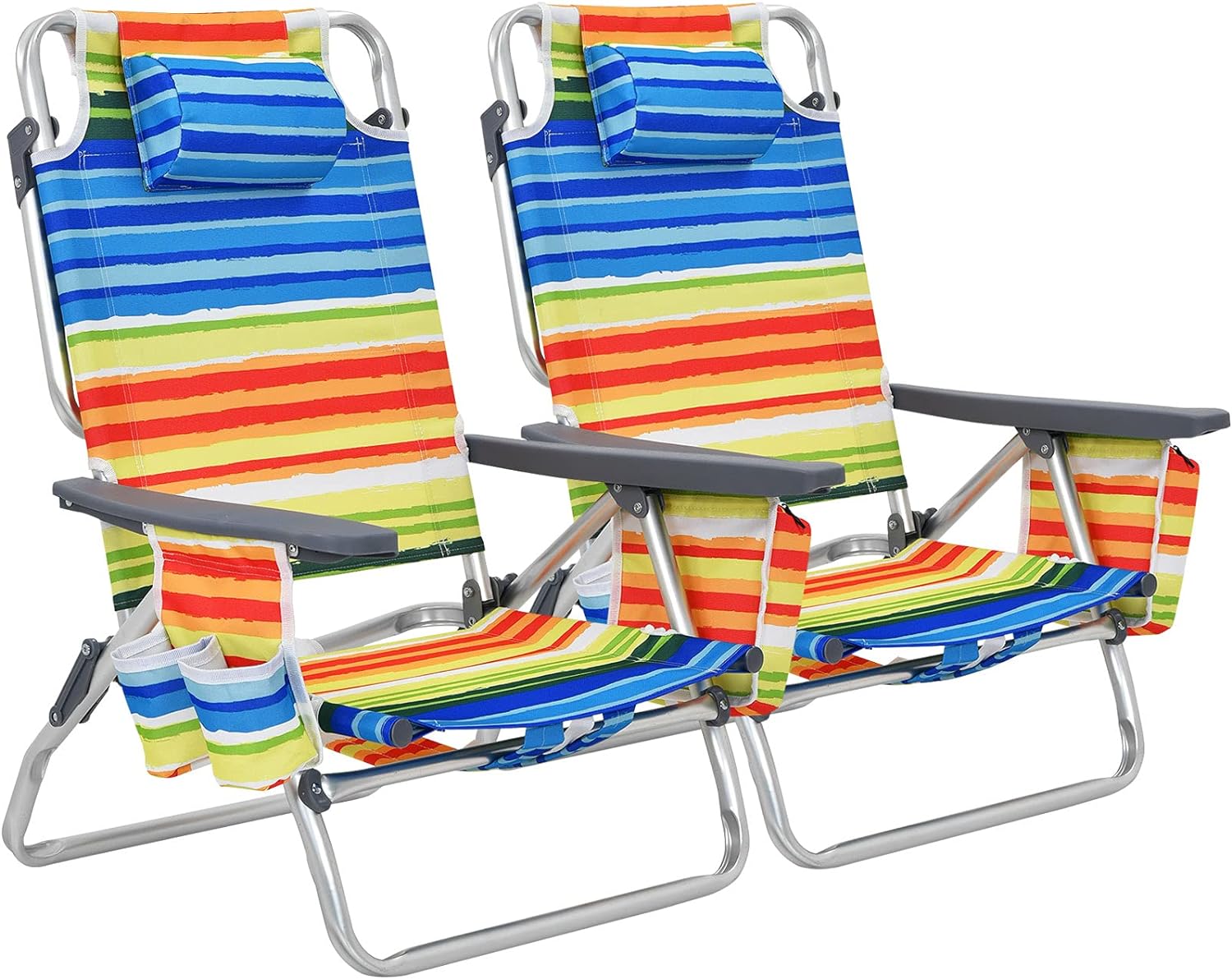 GYMAX Beach Chairs, 2-Pack Backpack Camping Chair w/Armrest, Cooler Bag, Cup Holder, Towel Bar & Pockets, Sunbath Sling Tanning Lounge, Folding Layout Chairs (Yellow Strip, Without Table)