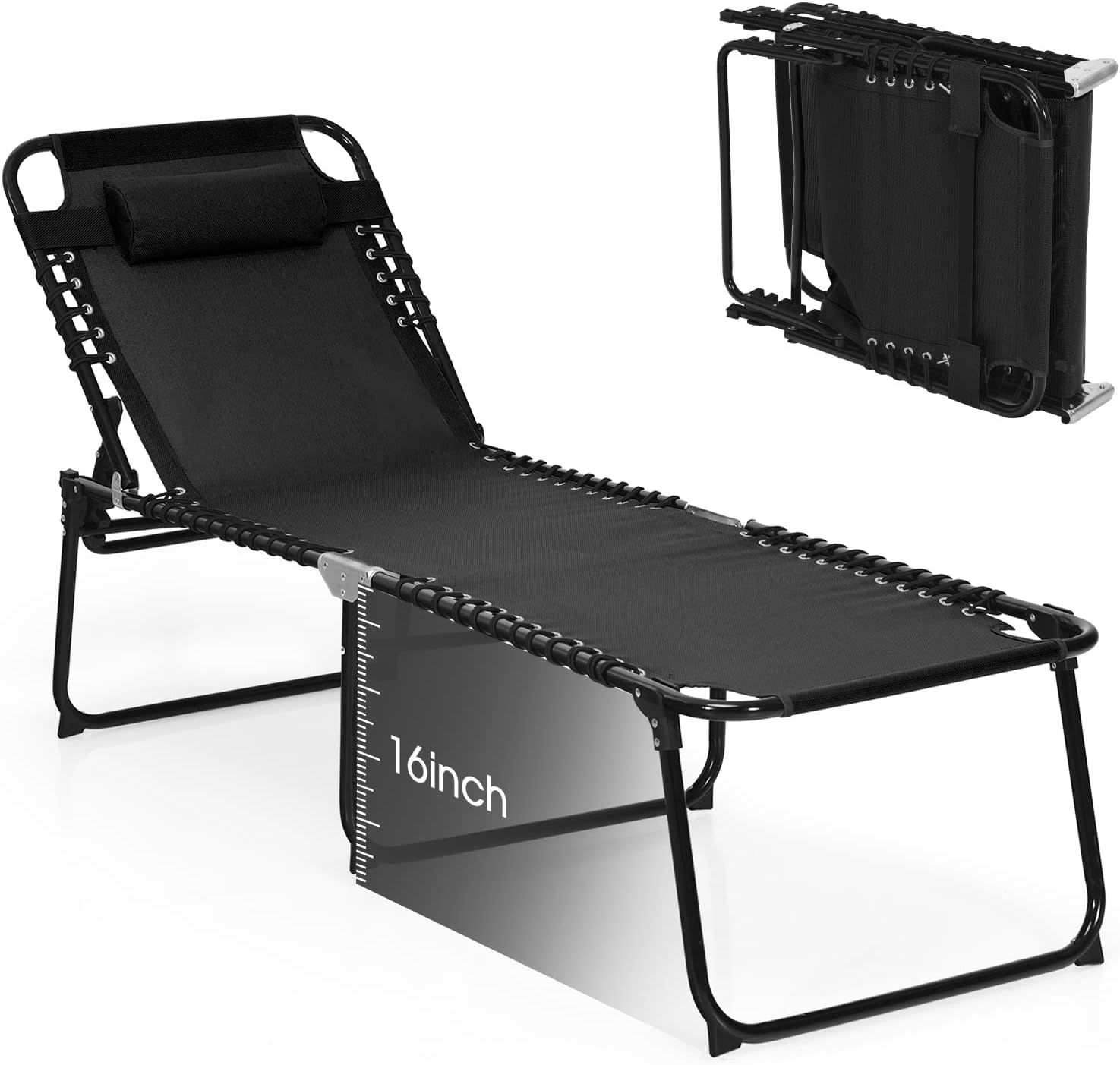 GYMAX Lounge Chairs for Outside, Extra High Folding Beach Tanning Lounger with 4-Level Adjustable Backrest, 2-Level Footrest & Removable Pillow, Sunbathing Lounge for Patio, Lawn, Poolside (1, Black)