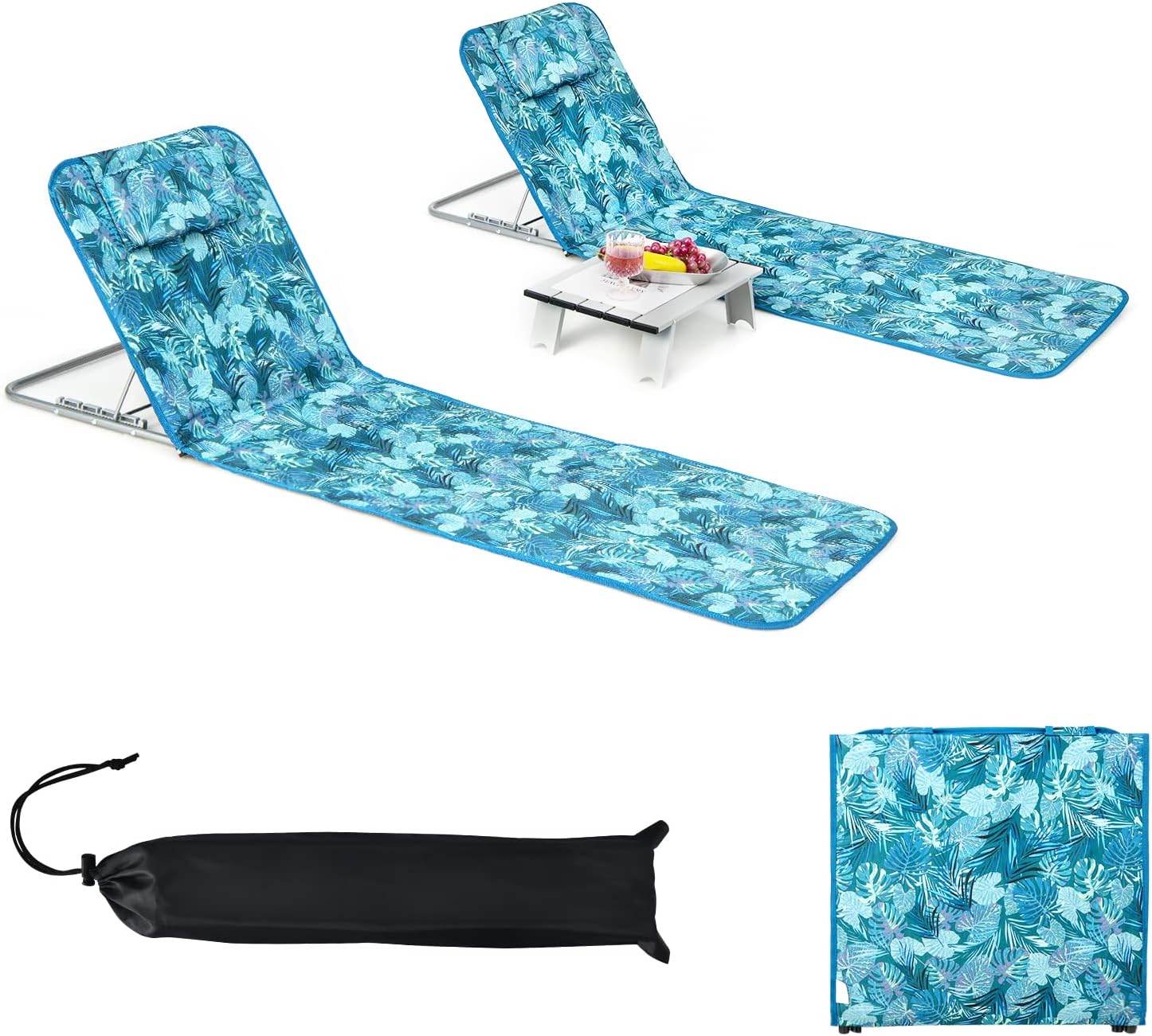 GYMAX Beach Chairs, Folding Tanning Lounge Chairs with Table Set, Adjustable Patio Floor Chair, Outdoor Sunbath Chair with Desk, Pillow & Storage Bag for Outside, Patio, Poolside (Blue Leaves)