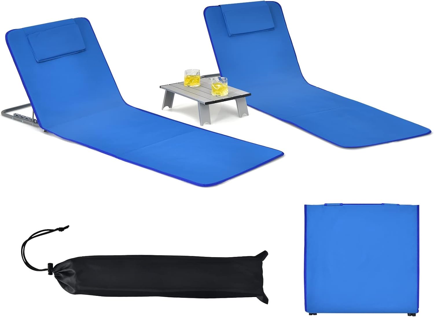 GYMAX Beach Chairs, Folding Tanning Lounge Chairs with Table Set, Adjustable Patio Floor Chair, Outdoor Sunbath Chair with Desk, Pillow & Storage Bag for Outside, Patio, Poolside (Blue)