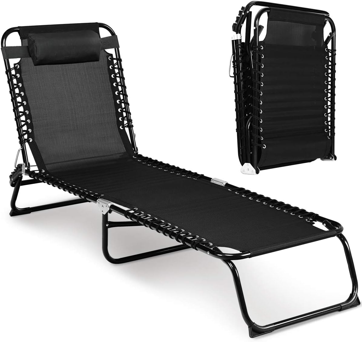 GYMAX Folding Beach Chaise Lounge, 3-Level Adjustable Lounge Chair with Detachable Pillow, Portable Recliner for Backyard, Patio, Poolside, Beach (Black)