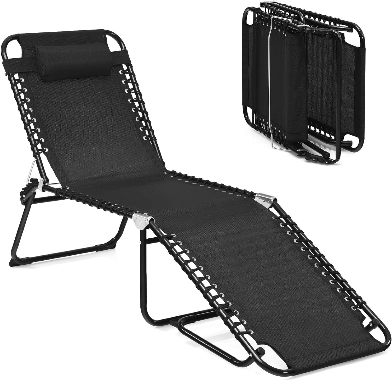 GYMAX Adjustable Chaise Lounge, Folding Lightweight Patio Recliner with Removable Pillow, Poolside Beach Sunbathing Chair for Outdoor/Indoor (Black)