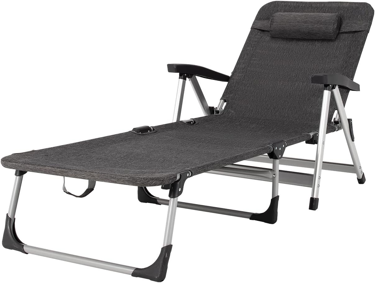 GYMAX Lounge Chair Outdoor, Chaise Lounger w/Adjustable Backrest, Cup Holder & Carry Handle, Folding Portable Tanning Layout Chair, Beach Sunbath Chair for Patio, Poolside, Lawn (1, Grey)