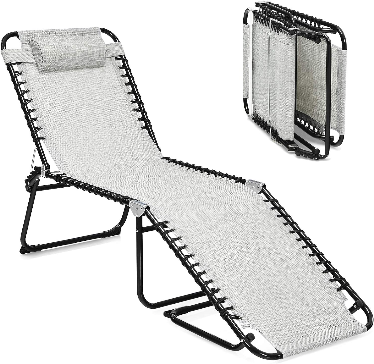 GYMAX Adjustable Chaise Lounge, Folding Lightweight Patio Recliner with Removable Pillow, Poolside Beach Sunbathing Chair for Outdoor/Indoor (Grey)