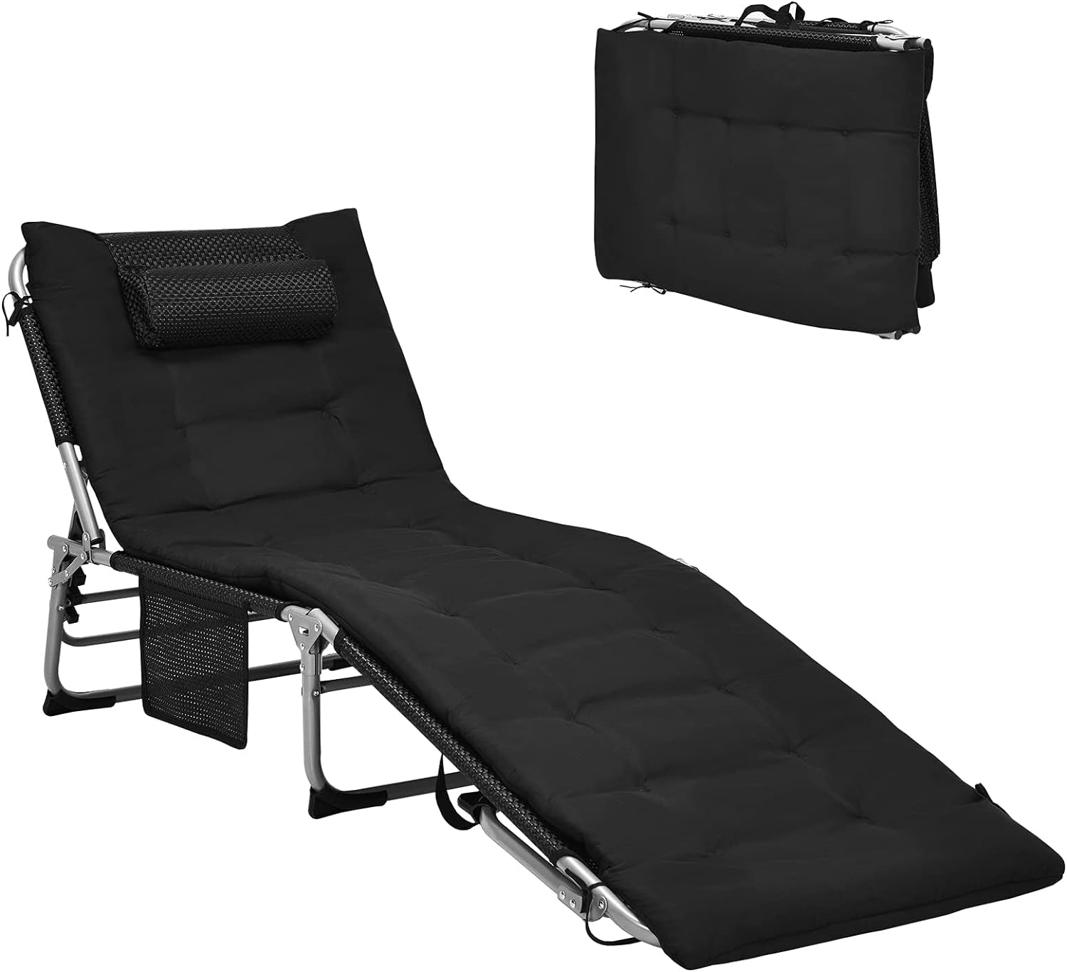 GYMAX Lounge Chair for Outside, 27 Oversize Beach Chaise Lounge with Removable Cushion & Adjustable Backrest, Headrest & Carry Strap, Tri-Fold Beach Layout Tanning Chair for Patio, Poolside(1, Black)