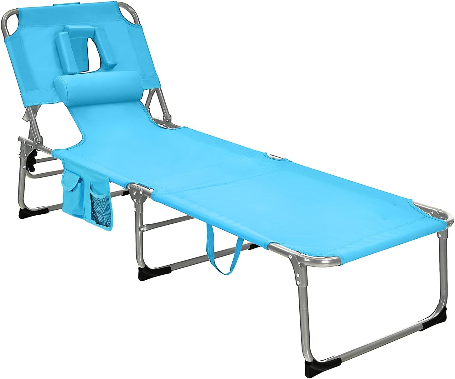 GYMAX Tanning Chair, Folding Beach Lounger with Face Arm Hole, Adjustable Backrest, Side Pocket, Pillow & Carry Handle, Outside Sunbathing Lounge Chair for Patio, Poolside (1, Turquoise)