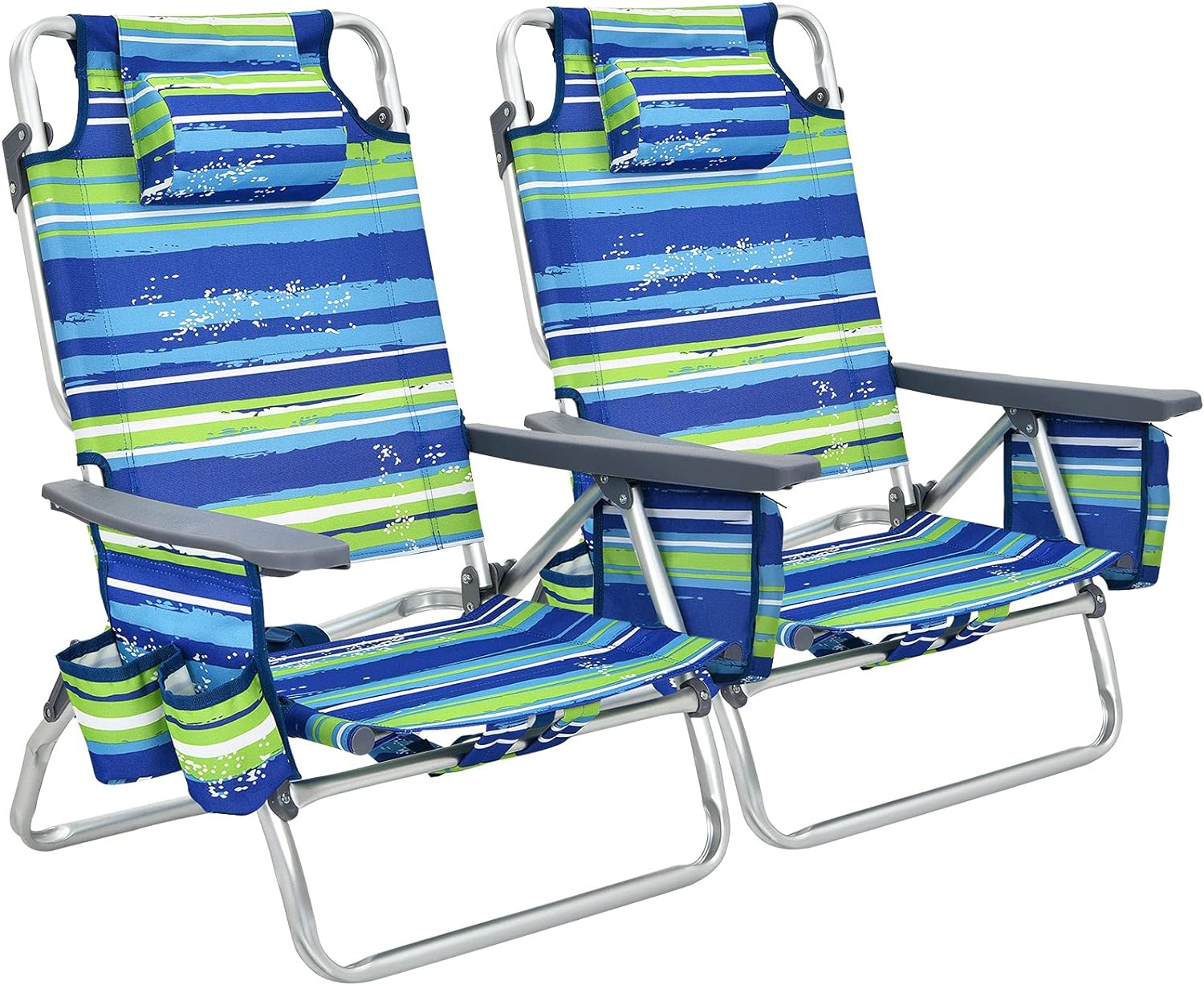 GYMAX Beach Chairs, 2-Pack Backpack Camping Chair w/Armrest, Cooler Bag, Cup Holder, Towel Bar & Pockets, Sunbath Sling Tanning Lounge, Folding Layout Chairs (Blue Strip, Without Table)