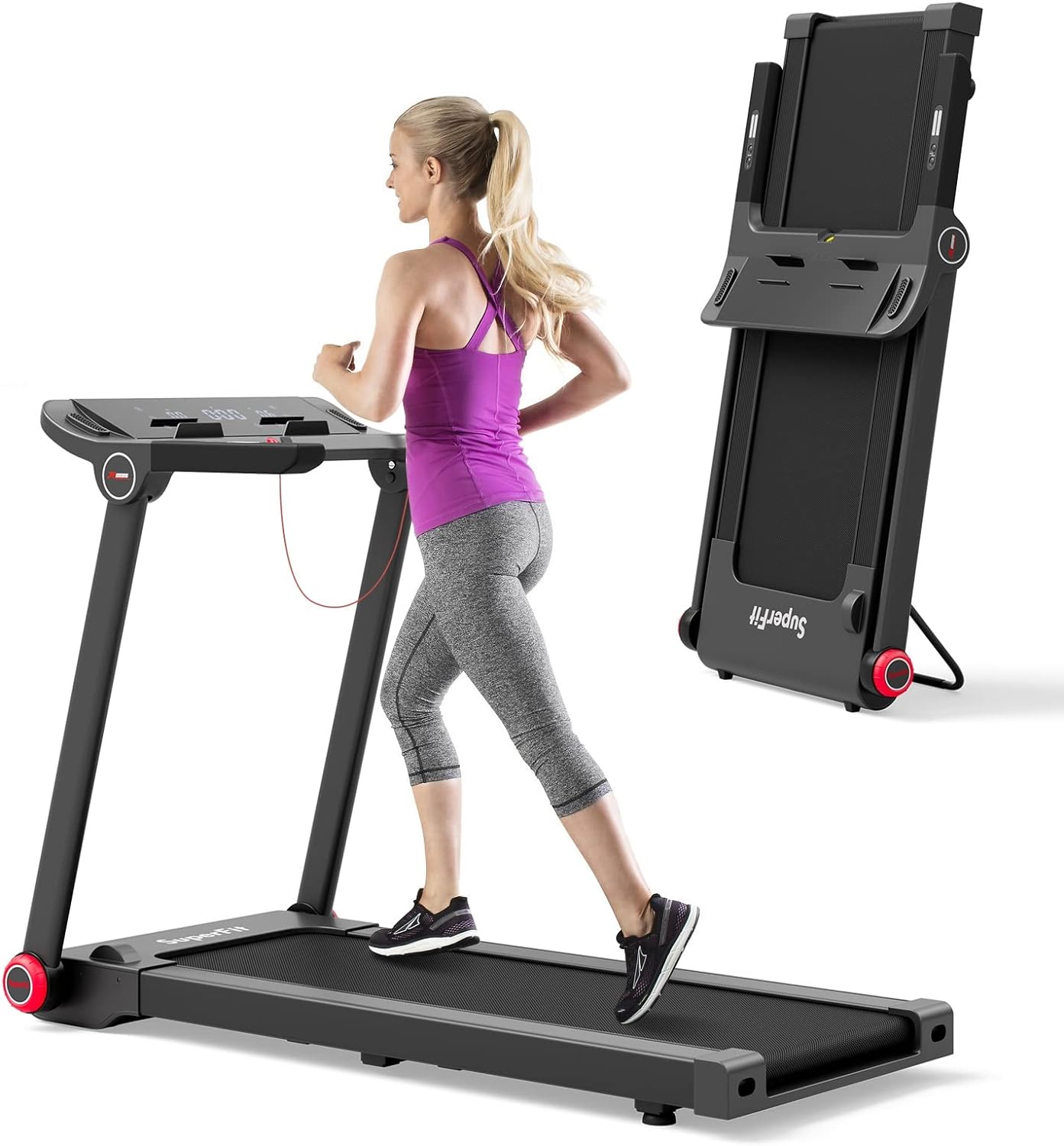 GYMAX Folding Treadmill, 3.75HP Electric Running Machine with 12 Preset Programs, Smart App Control, LCD Monitor & Device Holder, Foldable Freestanding Treadmill for Home Gym Small Space