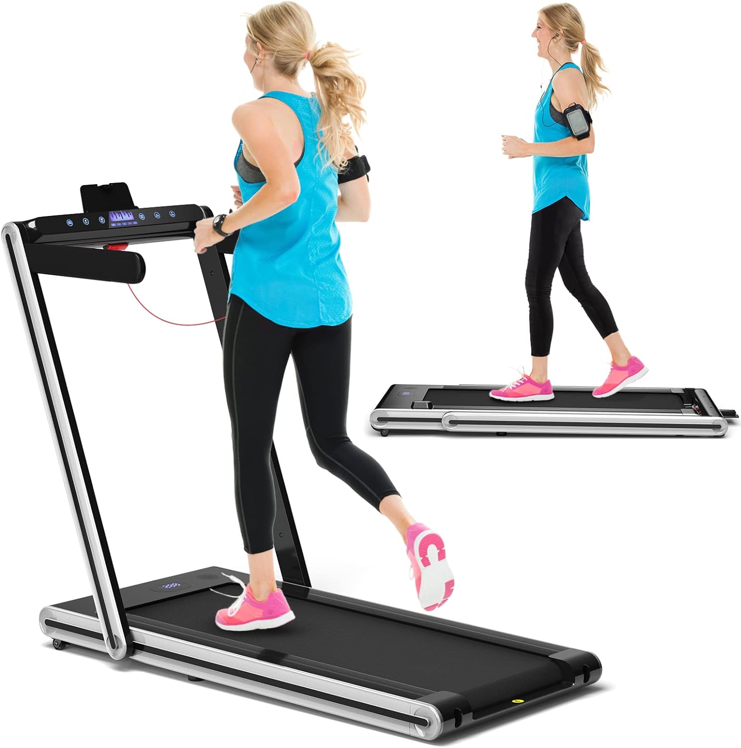 GYMAX 2 in 1 Under Desk Treadmill, Folding Running Machine with Dual LED Display, APP & Remote Control, Walking Pad Jogging Machine for Home Gym Small Space