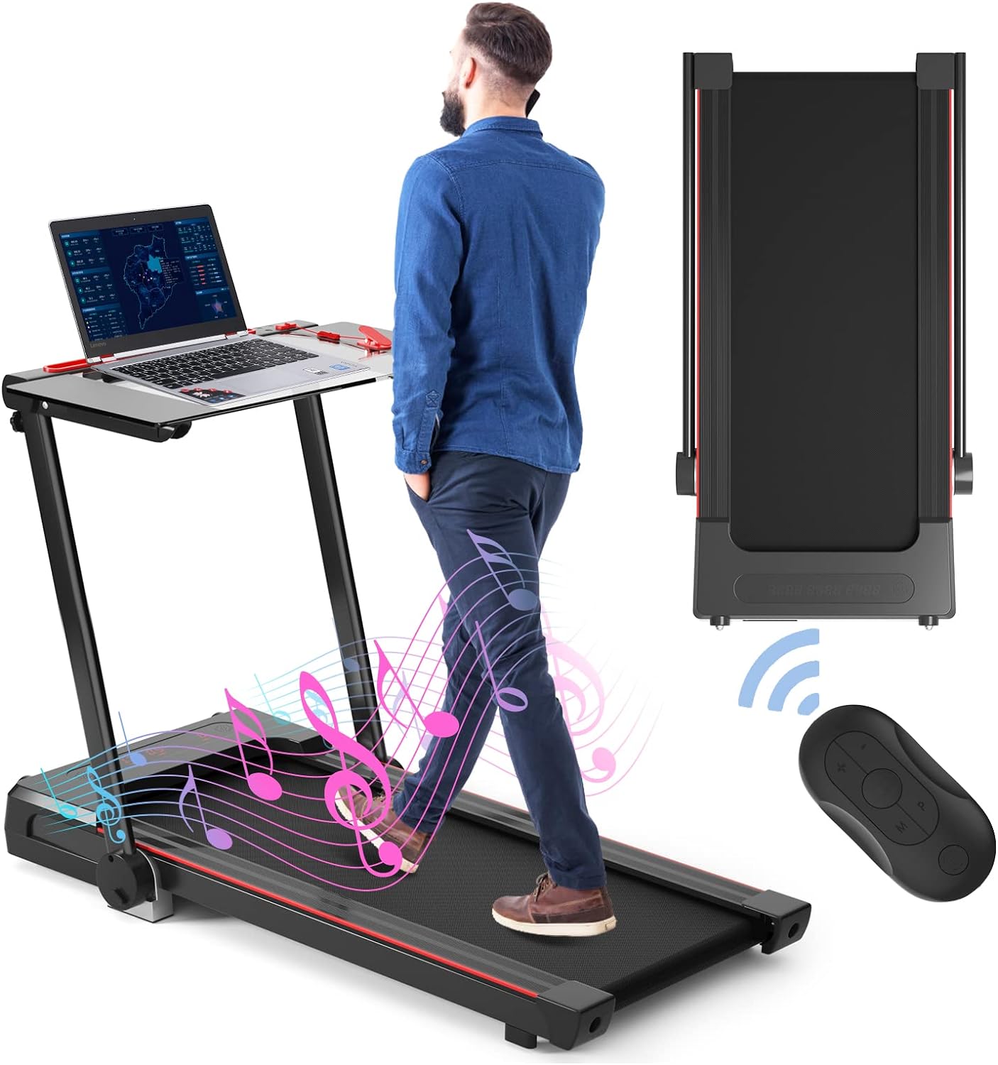 GYMAX Treadmill with Desk, 3 in 1 Under Desk Treadmill Walking Pad with Removable Desktop, LED Monitor, 12 Preset Programs, Built-in Speaker & Remote Control, Foldable Treadmill for Office Home Gym