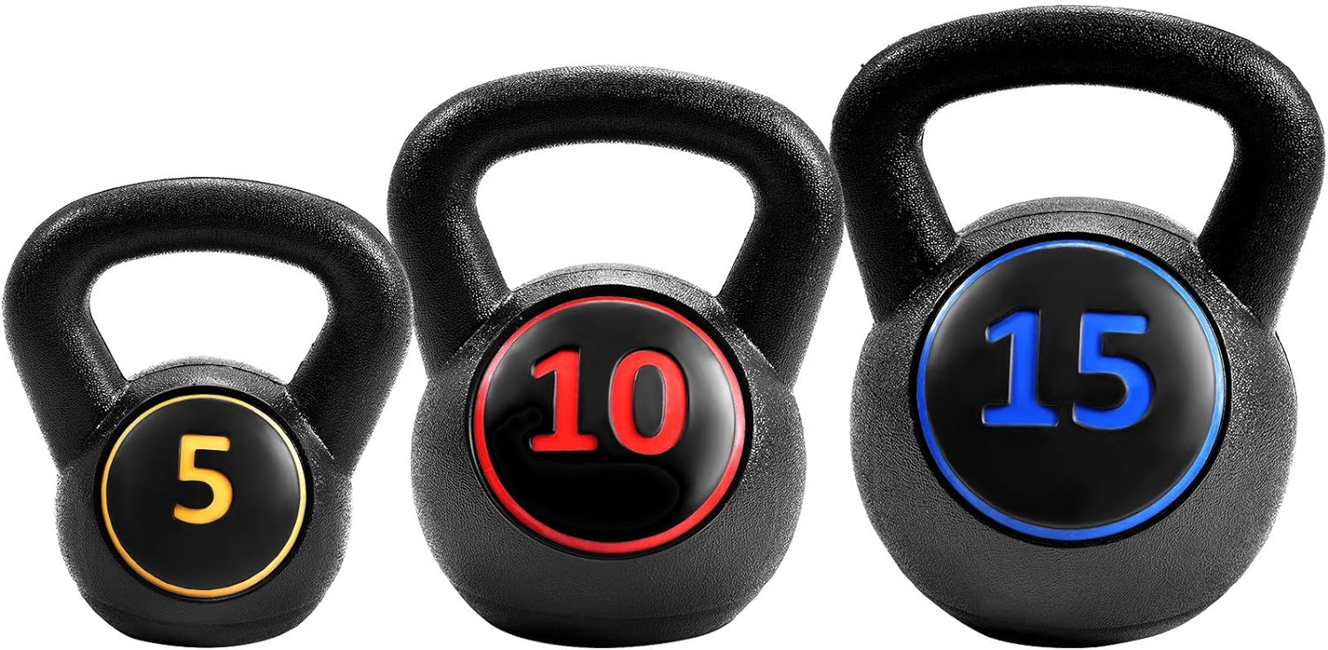 Gymax Kettlebells, 3 Pcs Vinyl Kettlebell Weights Set Weights 5, 10, 15 lbs Set, for Strength and Conditioning, Fitness