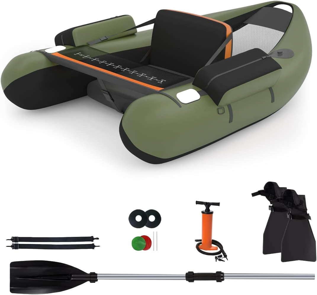 GYMAX Fishing Float Tube, 350lbs Inflatable Fishing Boat with Paddle, Pump, Flippers, Fish Hook Stators, Fish Ruler, Storage Pockets, Portable Backpack Belly Boat for Adults Fishing