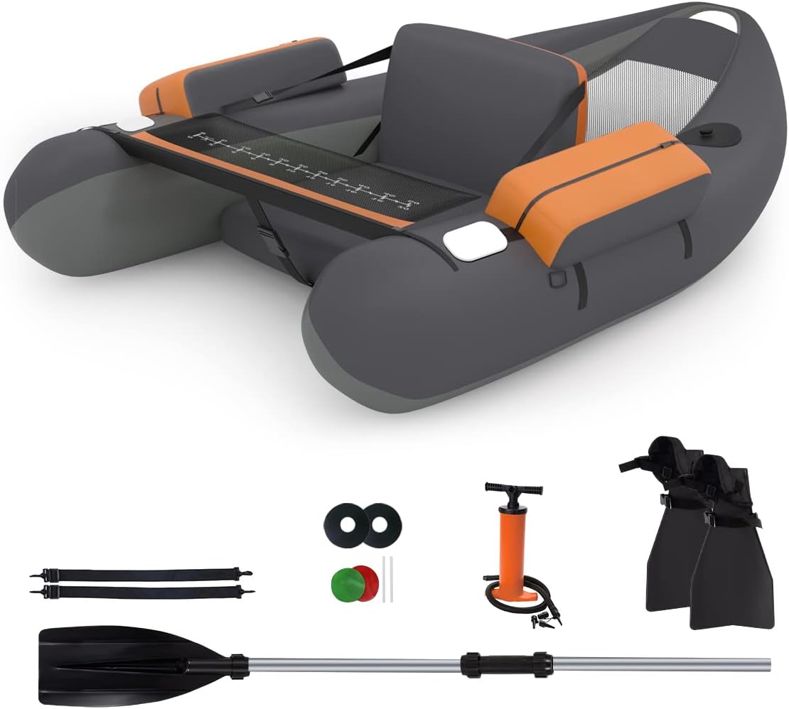 GYMAX Fishing Float Tube, 350lbs Inflatable Fishing Boat with Paddle, Pump, Flippers, Fish Hook Stators, Fish Ruler, Storage Pockets, Portable Backpack Belly Boat for Adults Fishing