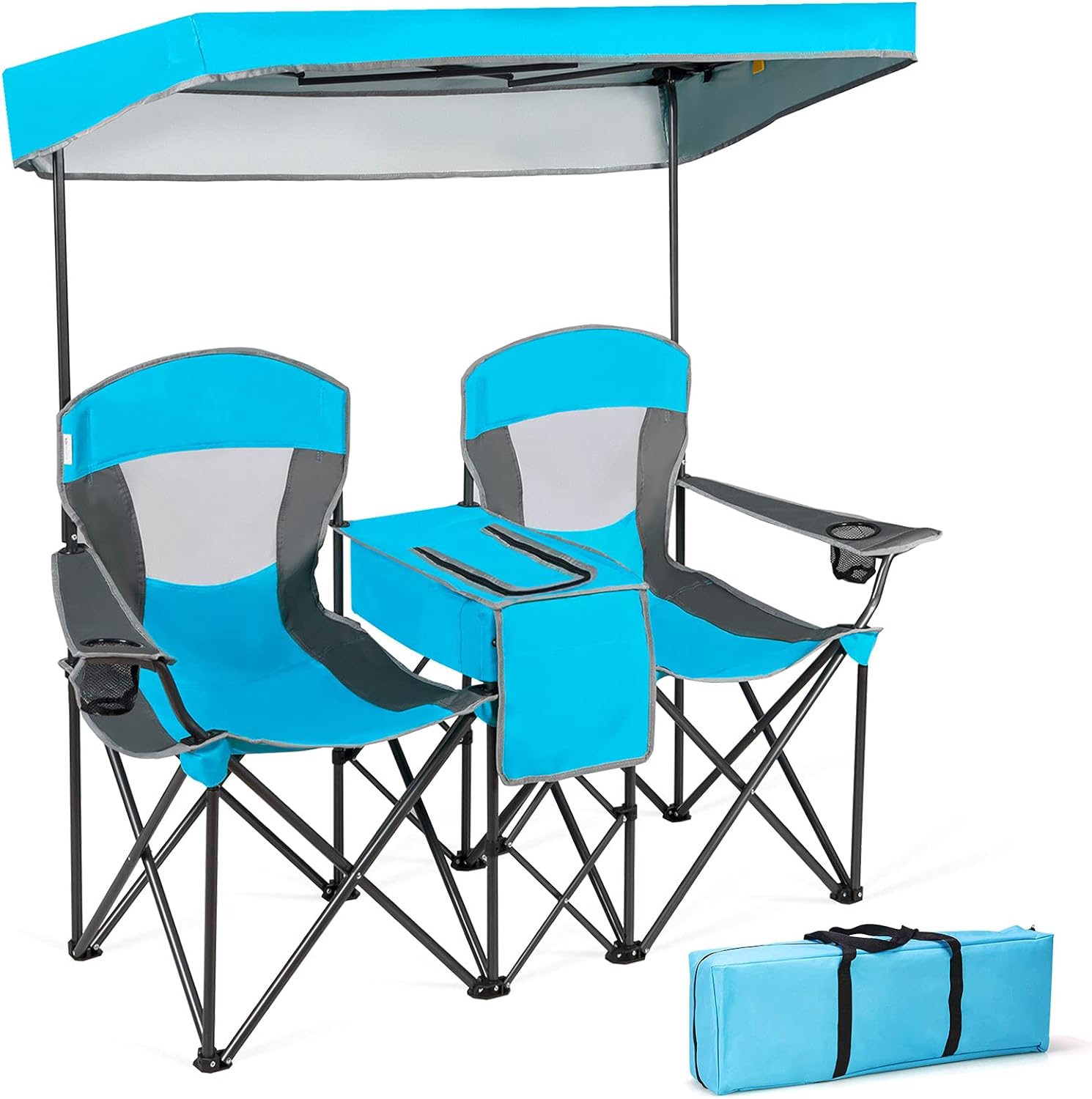 GYMAX Double Camping Chair, Beach Chair with Canopy Shade, Adjustable UV Protection, Cooler, Cup Holder & Carry Bag, Folding Portable Lawn Soccer Camp Chair with Umbrella for Adults (Blue, 2 Person)