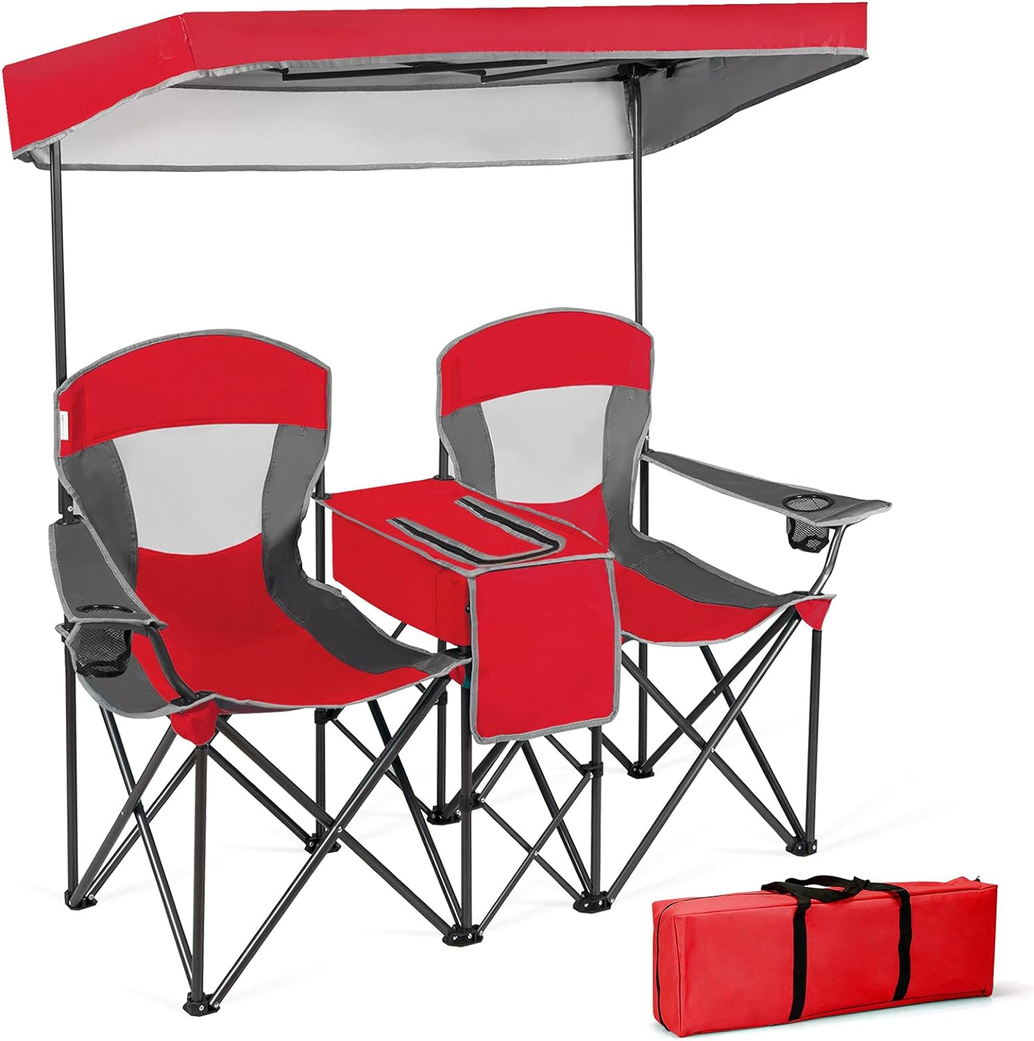 GYMAX Double Camping Chair, Beach Chair with Canopy Shade, Adjustable UV Protection, Cooler, Cup Holder & Carry Bag, Folding Portable Lawn Soccer Camp Chair with Umbrella for Adults (Red, 2 Person)