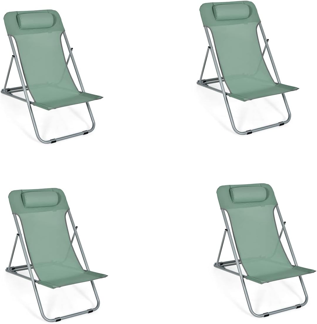 GYMAX Beach Chair, 2Pcs Low Beach Lounge for Adults with 3-Level Adjustable Backrest & Removable Pillow, Portable Reclining Camping Chair for Outside, Patio, Lawn, Poolside, Fishing (4, Green)