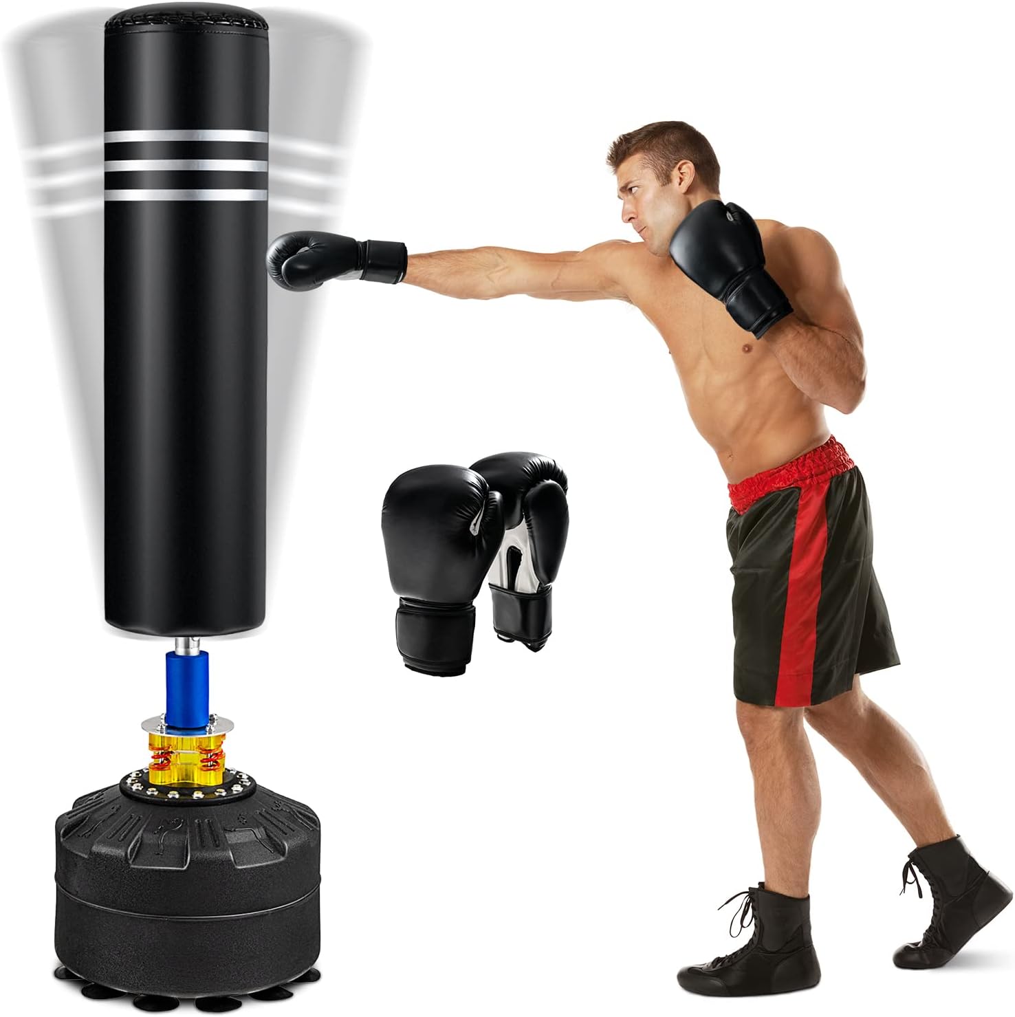 GYMAX Punching Bag, 70 220lbs Prefilled Freestanding Boxing Bag with Gloves & Suction Cup Base for Adult Youth Kids, Kickboxing Box Bag with Stand for Home Gym