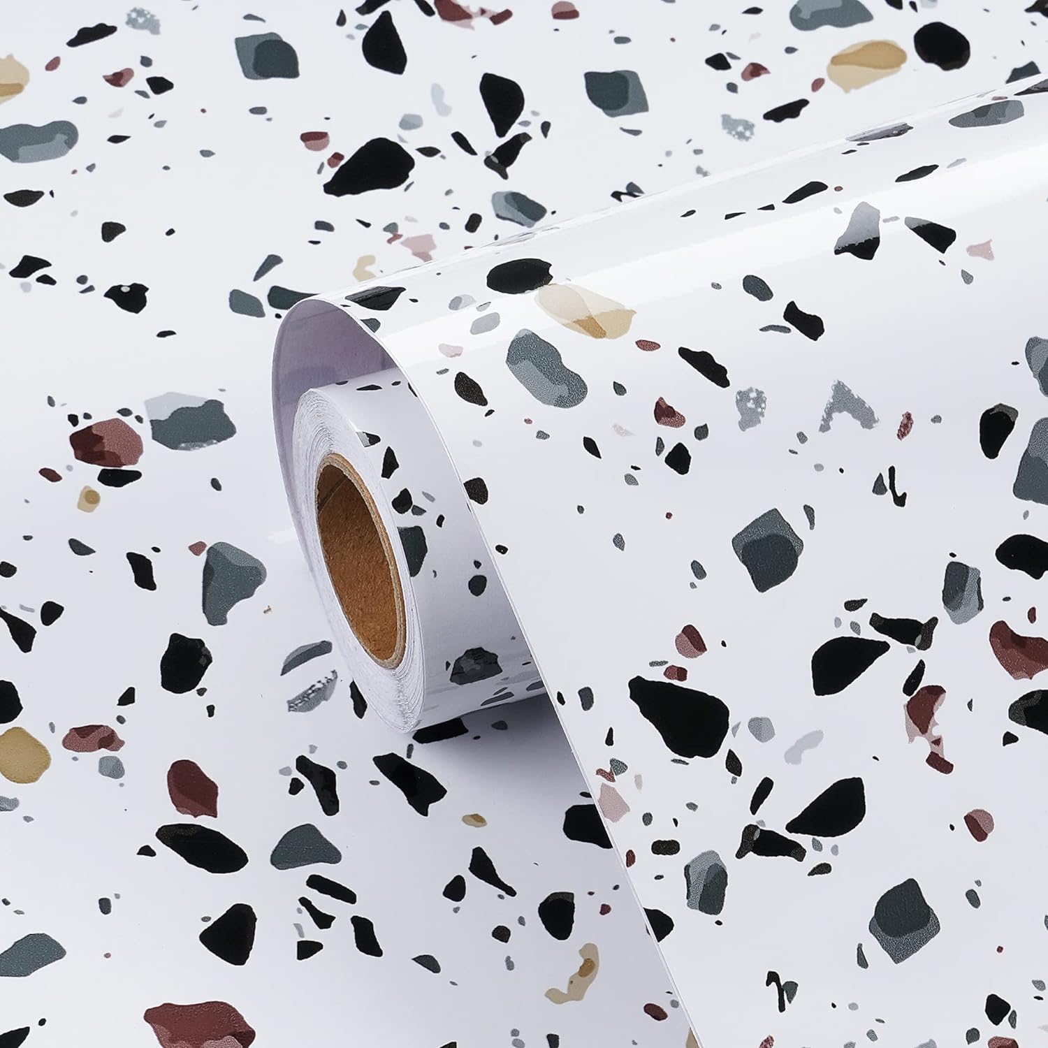 FunStick Glossy Terrazzo Contact Paper for Countertops Waterproof Terrazzo Peel and Stick Wallpaper Kitchen Countertop Marble Contact Paper Removable Adhesive White Wall Paper for Cabinets 12x200