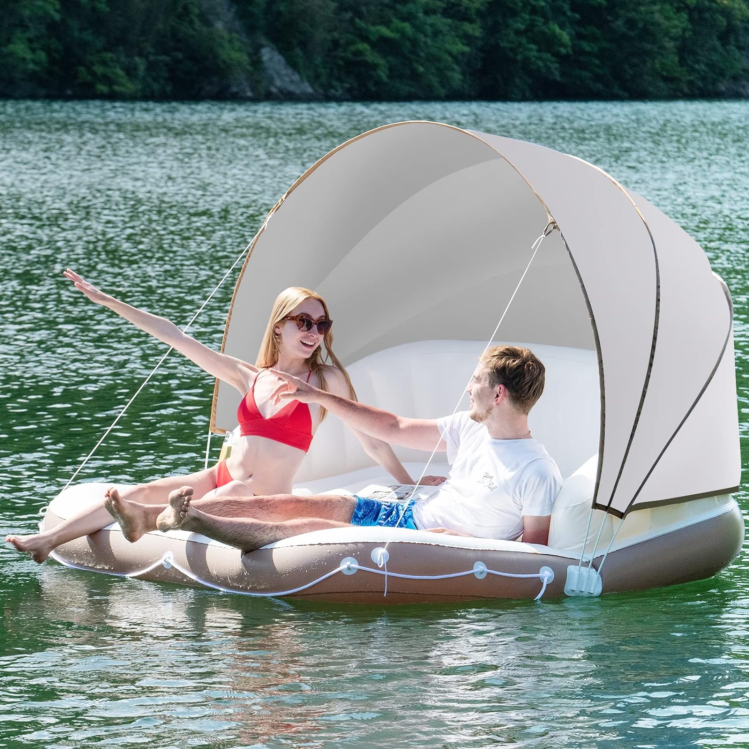 GYMAX Lake Floats, 2-3 Person 441lbs Big Floating Island with UPF50 Canopy, Built-in Cup Holder & Grabbing Ropes, Indoor, Poolside, River, Beach Lounge Raft, Inflatable Water Floats for Adults