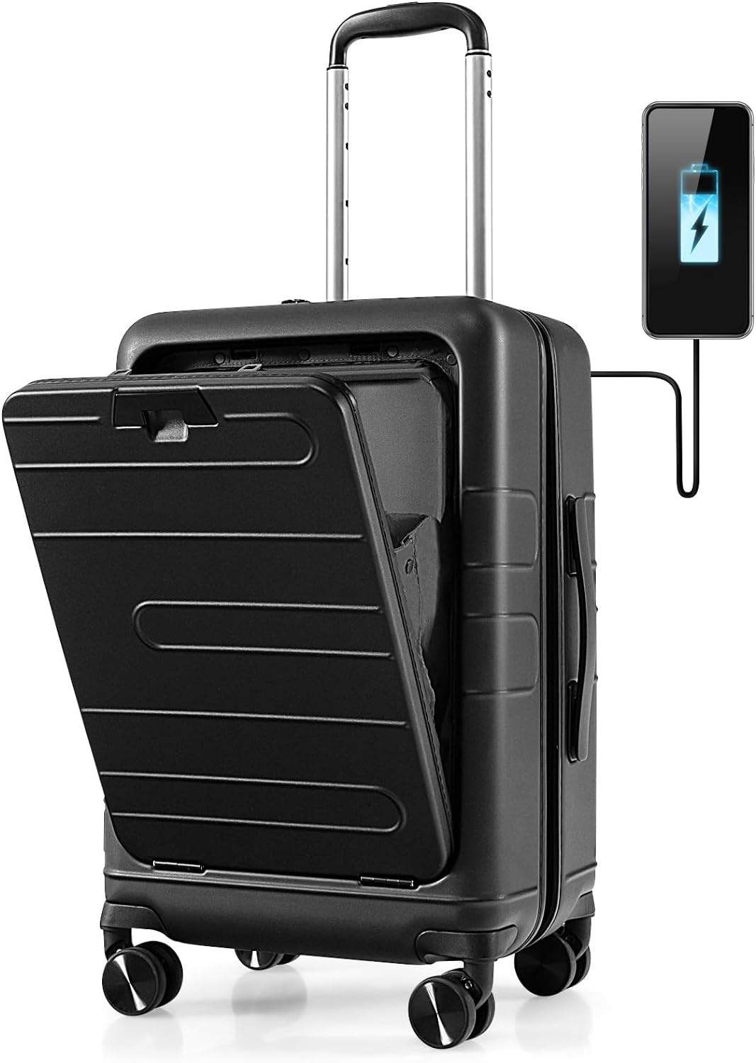 GYMAX Carry On Luggage, 20 Suitcase w/TSA Lock, Front Pocket, Expandable Tabletop, External USB Charger & Spinner Wheels, Lightweight PC Hardshell Carry-on Luggage for Business Trip (Black)