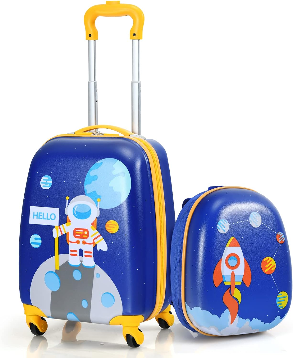 GYMAX Kids Carry On Luggage Set, 12 & 16 2PCS Rolling Suitcase