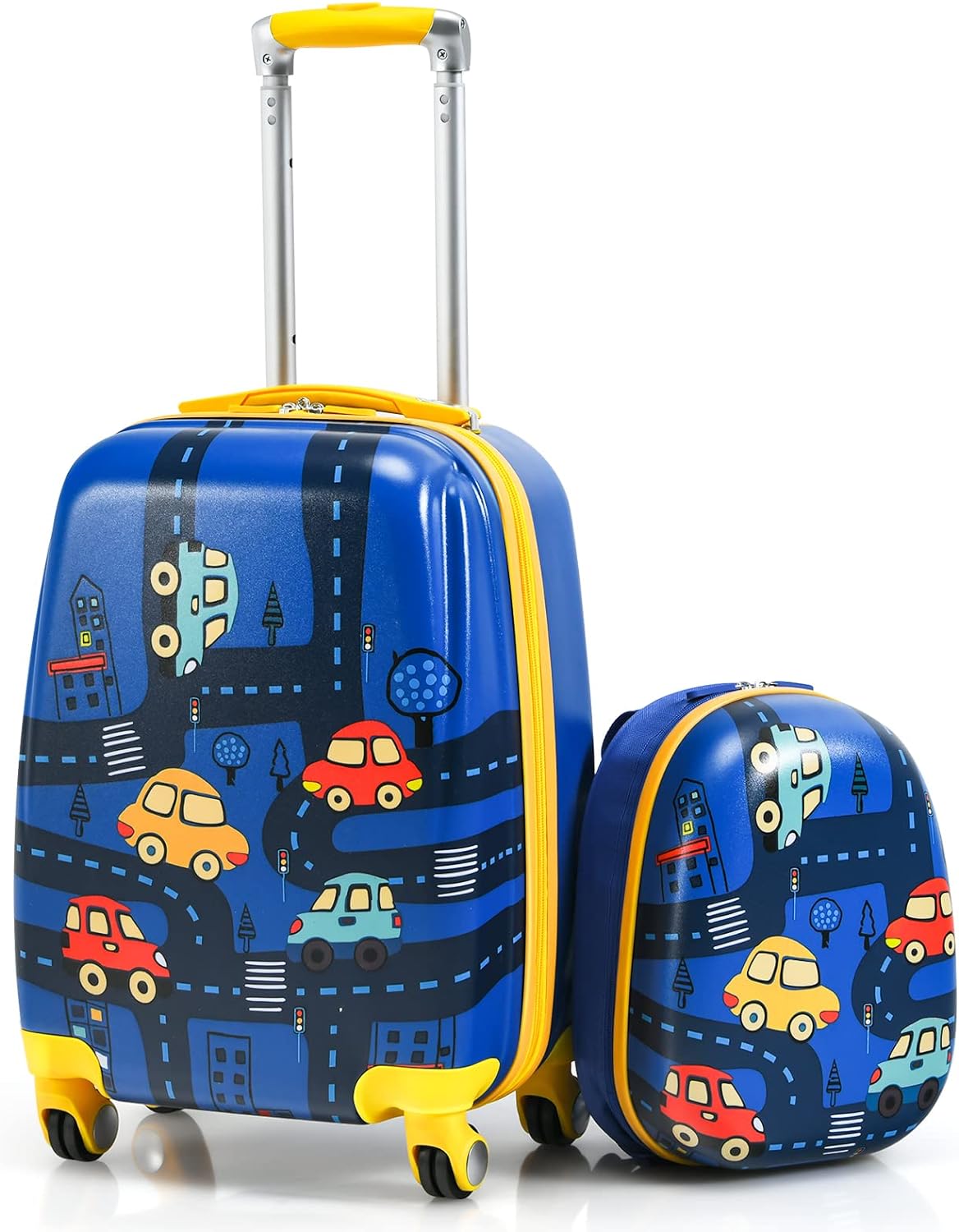 GYMAX 2Pc Kid Carry On Luggage Set, 12 & 18 Kids Suitcase with 4 Spinner Wheels, Travel Rolling Trolley