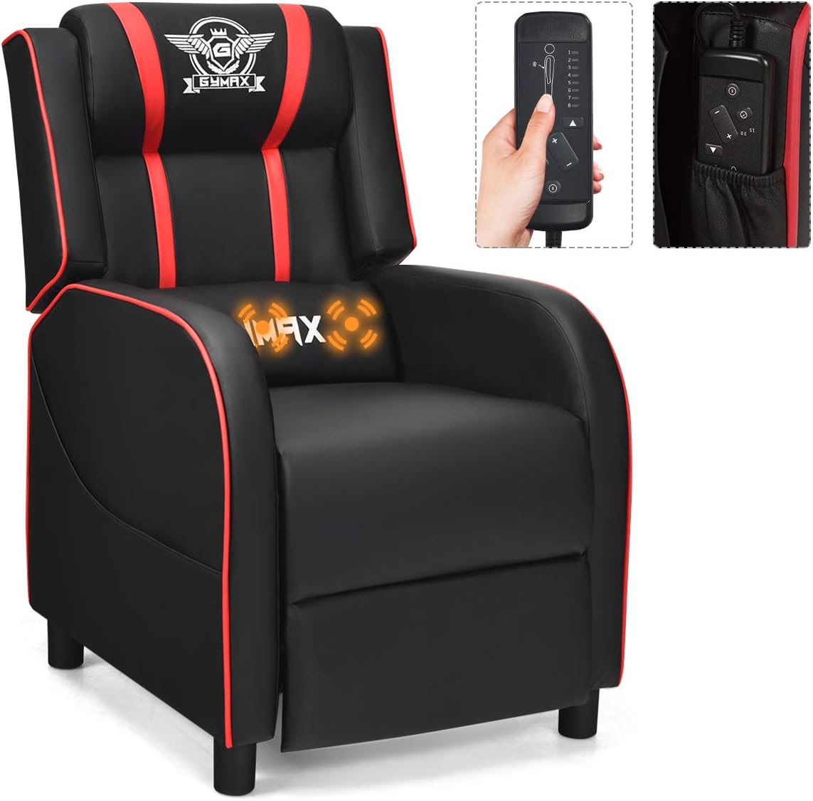 GYMAX Gaming Recliner, Massage Gaming Chair with Adjustable Footrest, Remote Control & Side Pocket, Ergonomic Game Lounge Chair, Racing Style Single Theater Seat Game Sofa for Adults (Red)