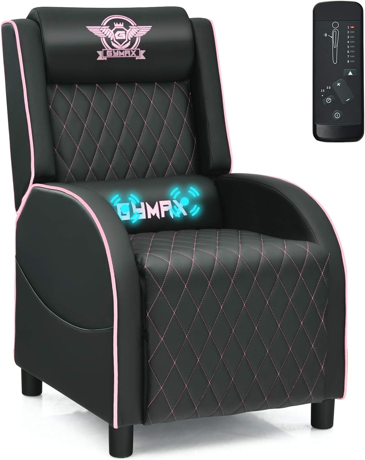 GYMAX Massage Gaming Recliner Chair, Ergonomic Racing Style Single Sofa with Adjustable Headrest, Backrest & Footrest, Home Theater Sofa for Living Room Office (Pink)