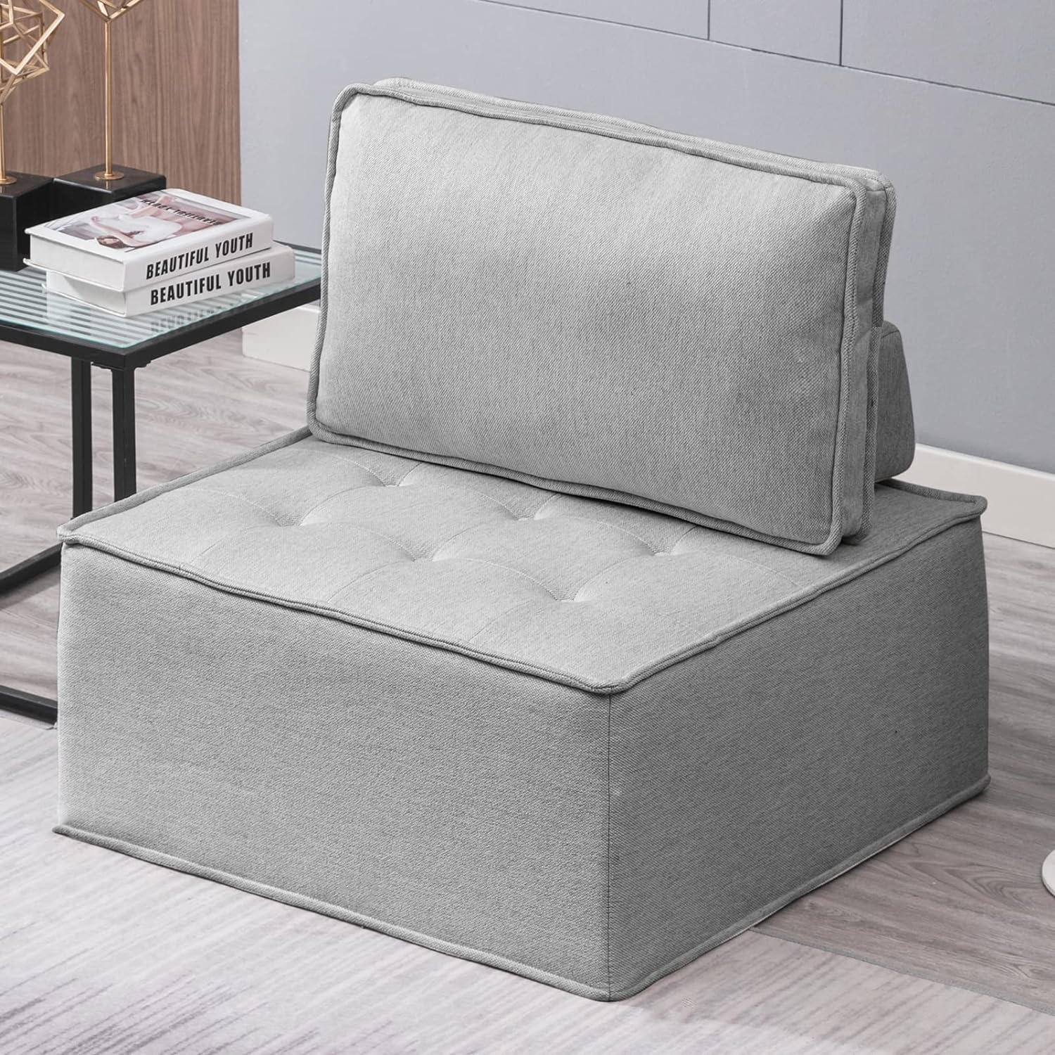 BALUS Modular Sectional Sofa Seats, Modern Armless Floor Sofa Seats, Soft Fabric Single Sofa for Bedroom, Living Room and Sturdy Room, Free Combination, 1 PCS Light Grey