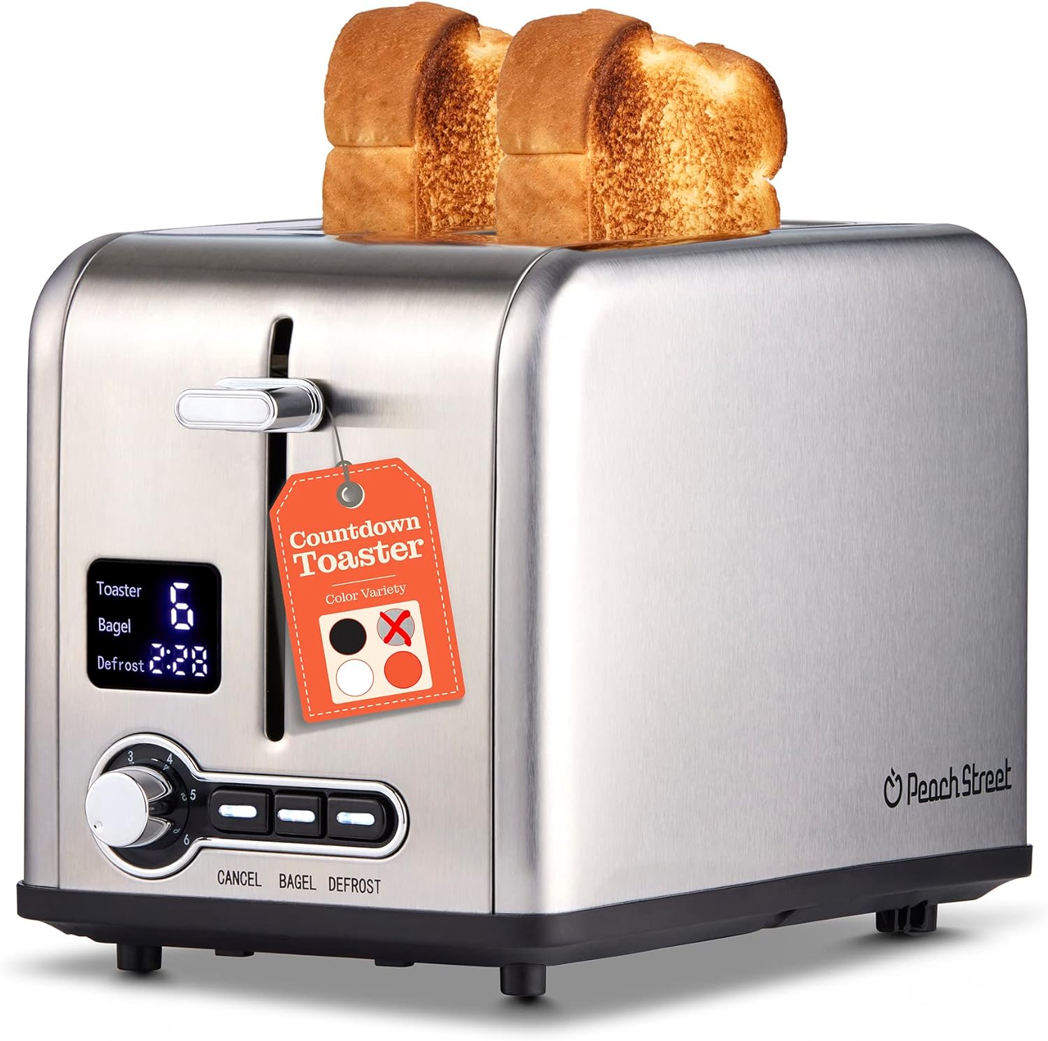 Peach Street 2 Slice Toaster Compact Bread Toaster with Digital Countdown, Wide Slots, Auto-Pop Stainless Steel, 6 Browning Levels, Removable Crumb Tray, with Defrost, Bagel, and Cancel Function