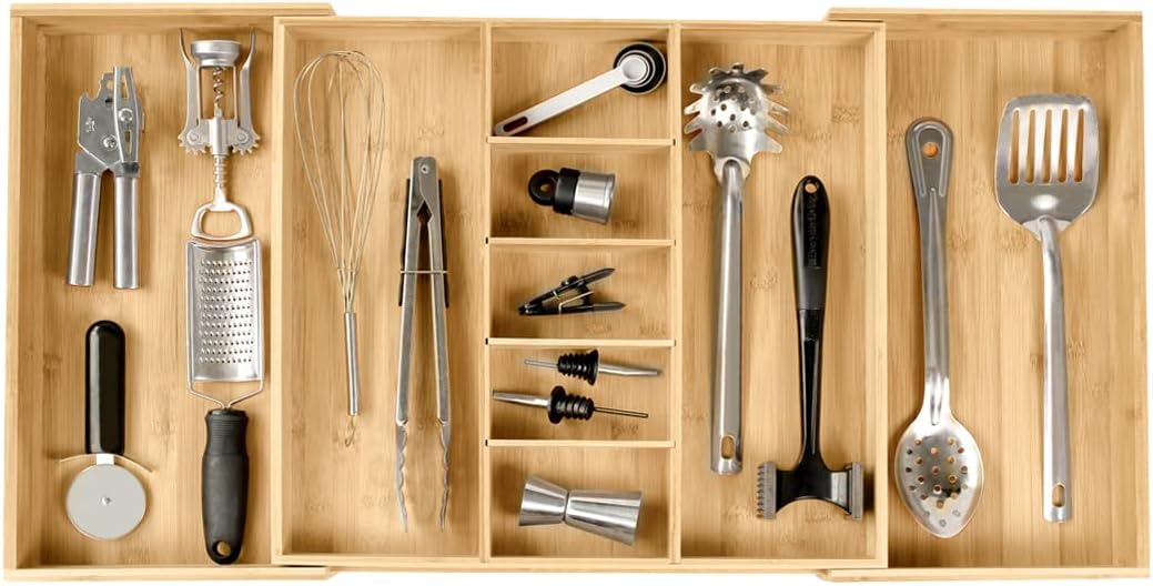 Adjustable Kitchen Drawer Organizer for Utensils and Junk, Expandable to 33 Inches Wide, 9 Compartments, 100% Bamboo